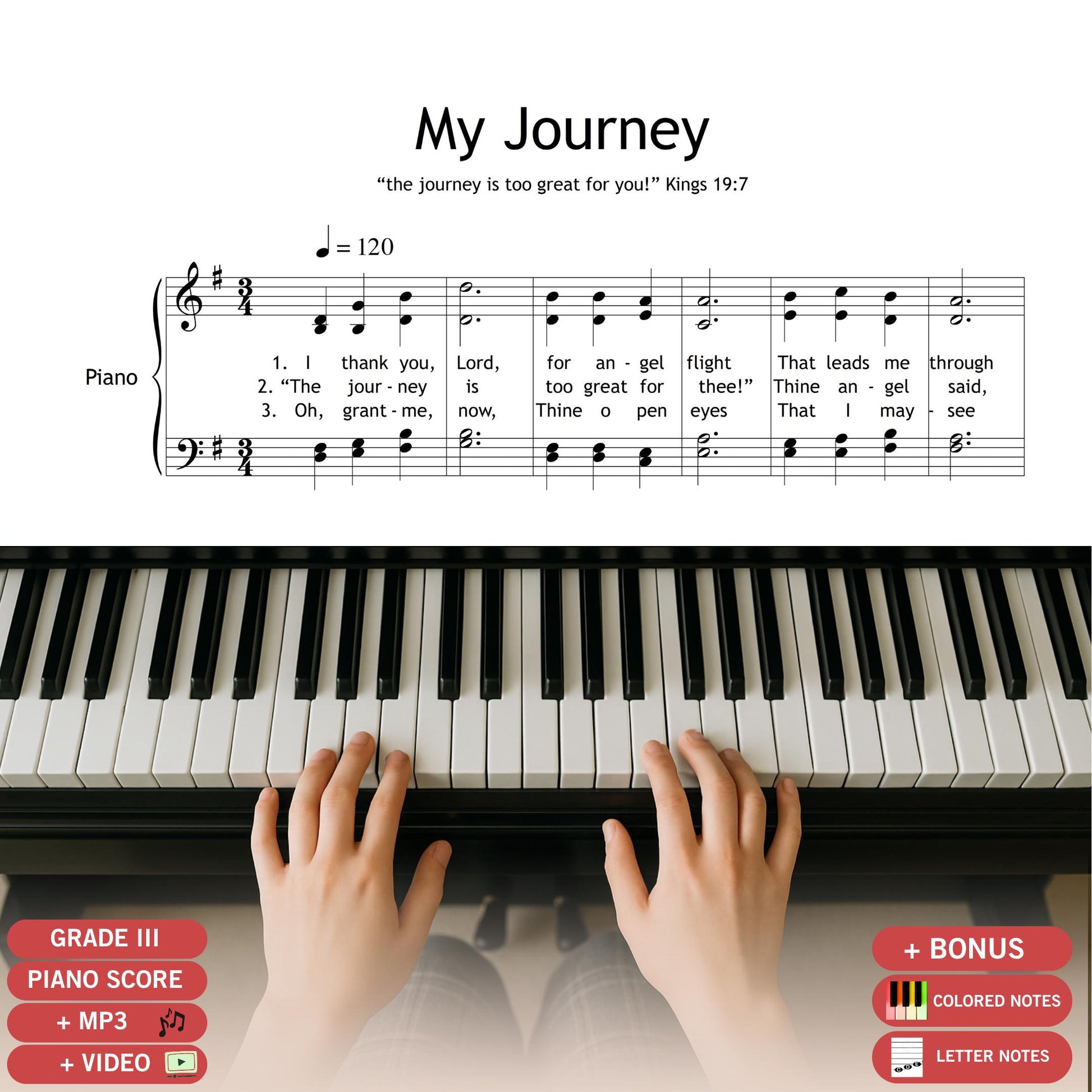 My Journey, choir and piano sheet music PDF with note names included, inspired by 1 Kings 19:7. This spiritually uplifting piece is perfect for church performances, retreats, and moments of personal or communal reflection. Includes lyrics and pedagogical formatting for choirs of all levels.