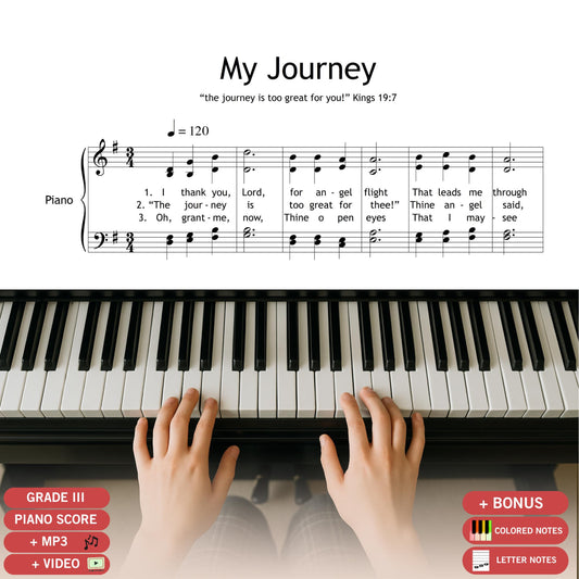 My Journey, choir and piano sheet music PDF with note names included, inspired by 1 Kings 19:7. This spiritually uplifting piece is perfect for church performances, retreats, and moments of personal or communal reflection. Includes lyrics and pedagogical formatting for choirs of all levels.