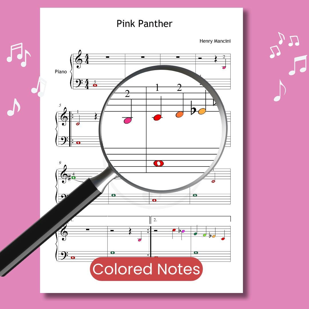 Pink Panther Theme - Grade 1 Download Piano Sheet PDF with Finger Numbers, Note Names, MP3 & Video | Educational Edition 
Pink Panther Theme by Henry Mancini downloadable and simplified piano sheet music PDF shown as a pedagogical Grade 1 version including finger numbers, note names, and color-coded notes, all prepared from handwritten manuscript references for structured lesson use.