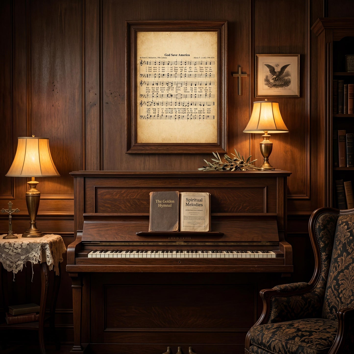 a cozy and elegant living room with a wooden piano, a framed sheet music piece, and a lamp on a side table.