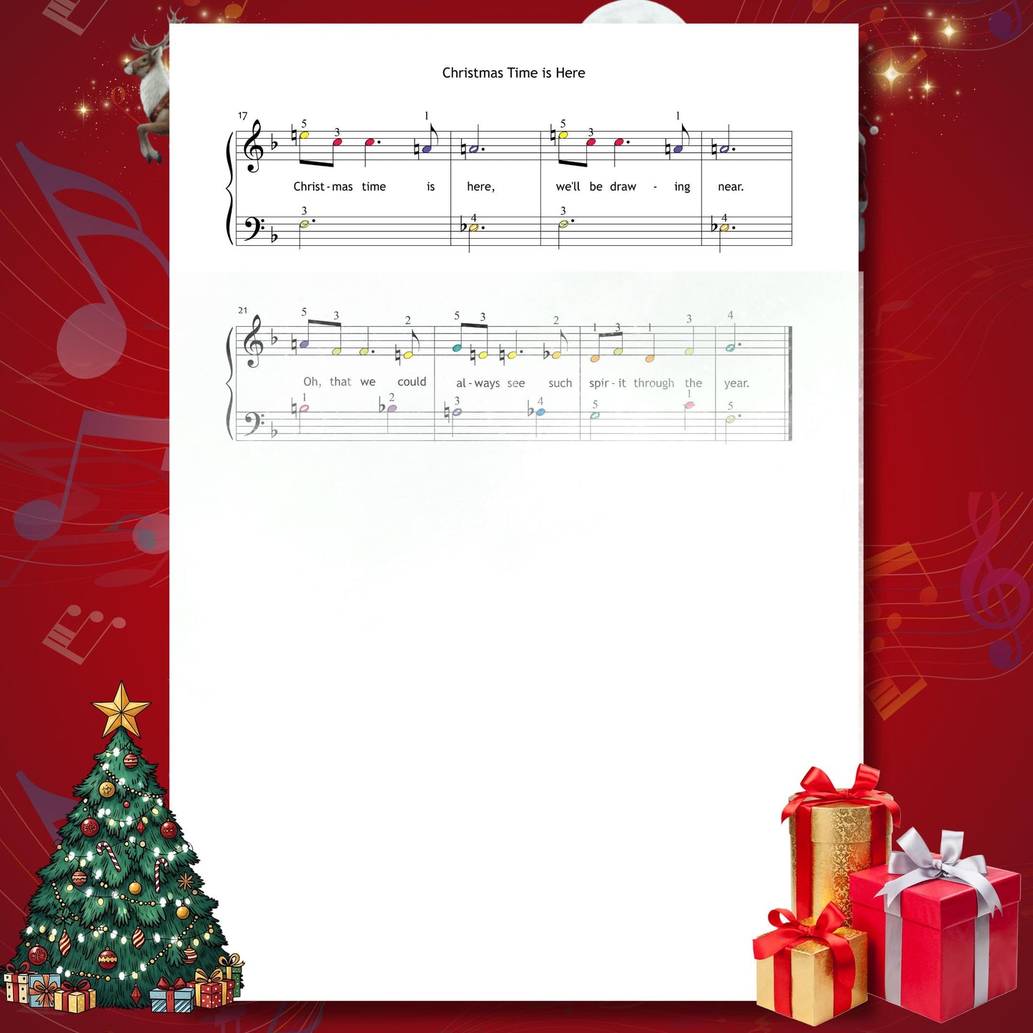 Christmas Time Is Here by Vince Guaraldi downloadable and simplified piano sheet music PDF inspired by Christmas gifts 2025 digital trends provides a ready-to-print worksheet with lyrics, finger numbers, note names and color-guided notation to help beginners play confidently.