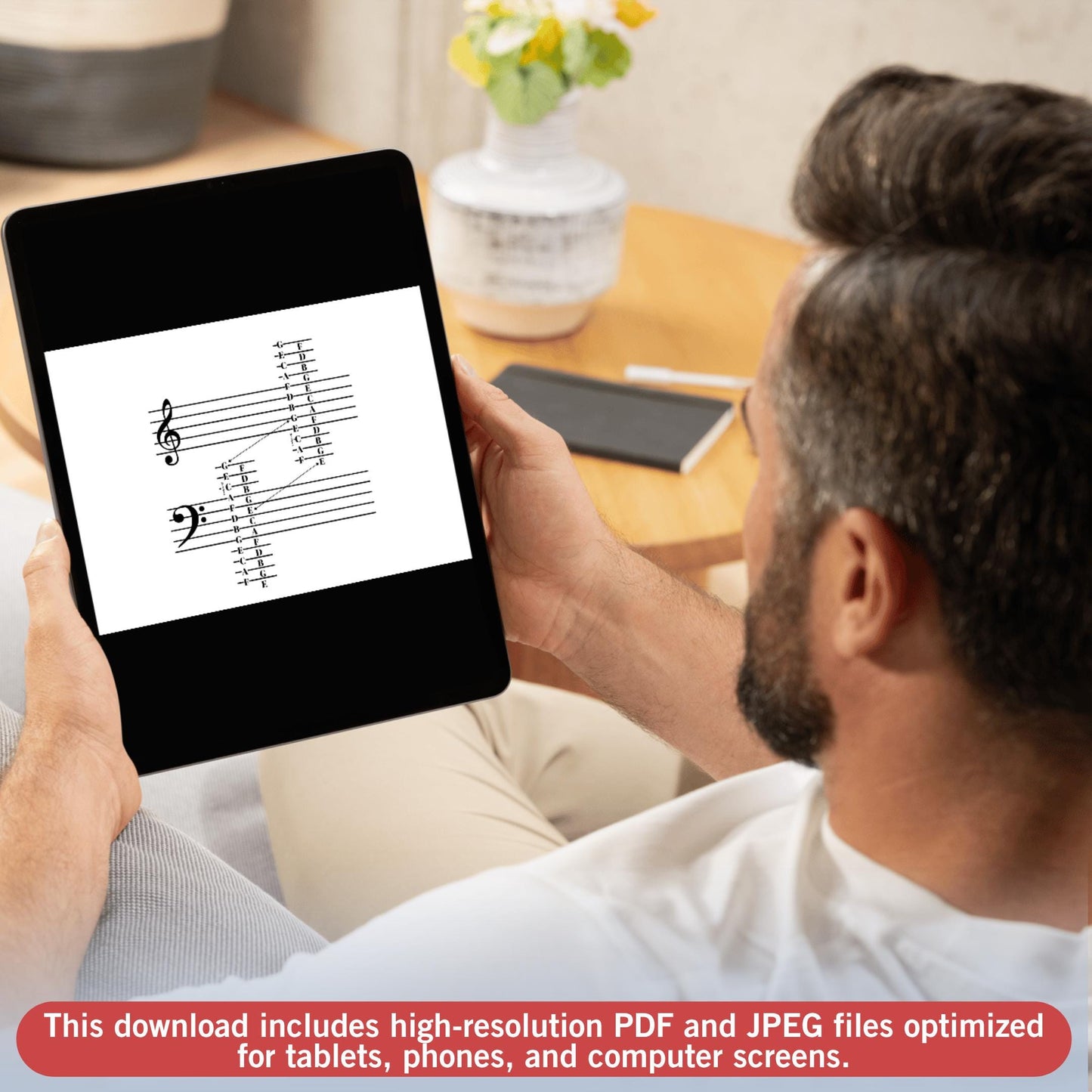 Beginner Music Staff Notes Poster, printable music theory chart with treble and bass clef notes, PDF and PNG formats included, instant download for teachers, piano learners, and educational wall art.

Treble clef and bass clef notes poster for piano, printable staff chart for beginners, PDF and PNG high-resolution download, classroom-ready educational aid for music teachers, students, and at-home learners.