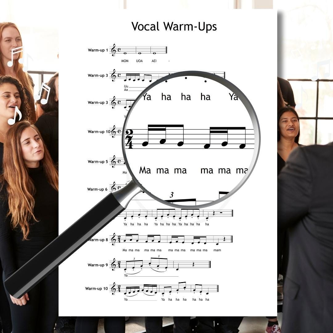 Vocal Warm-Ups for choirs and soloists, structured 10-exercise PDF with matching piano audio, focuses on building range, flexibility, and vocal tone, great for teachers and students, available as an instant digital download.