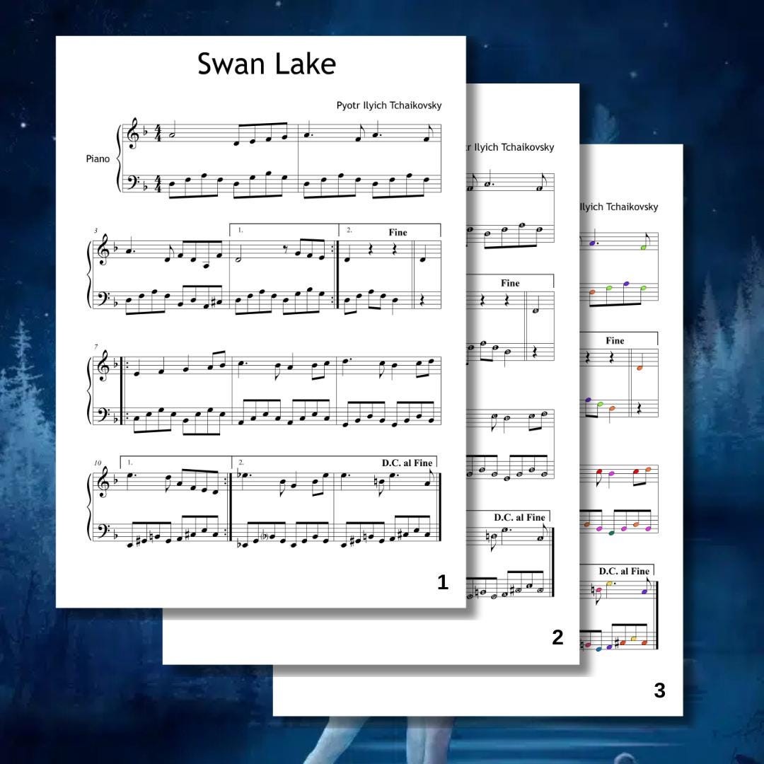Swan Lake Theme by Pyotr Ilyich Tchaikovsky downloadable and simplified piano sheet music PDF displayed as a multi-version Grade 3 ballet pack including standard notation, finger numbers, note names, and color-coded notes, all prepared from the manuscript for flexible practice.