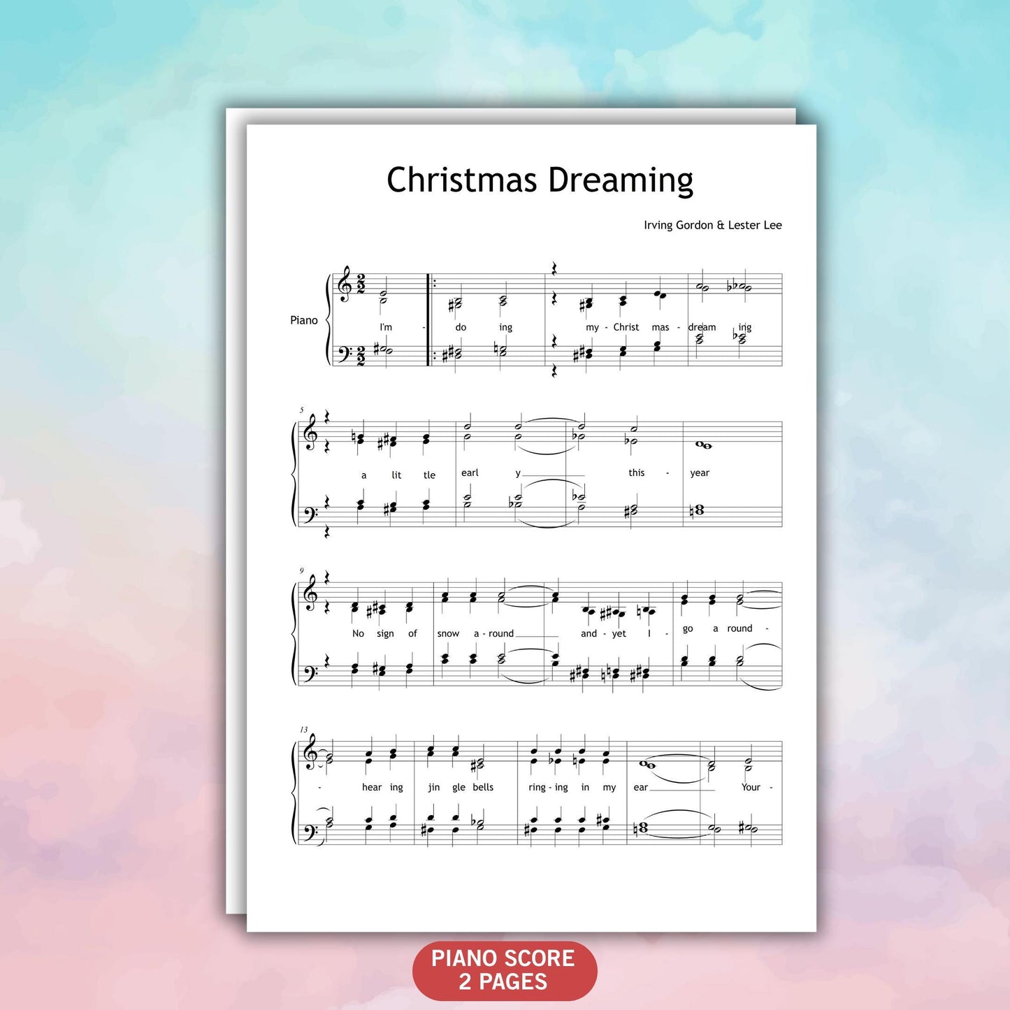 Christmas Dreaming by Irving Gordon downloadable and simplified piano sheet music PDF presented as a Grade 3–4 piano plus SATB choir score including finger-number guidance, color-coded notation, note-name support, and lyric lines, all aligned with manuscript accuracy for Christmas rehearsals.