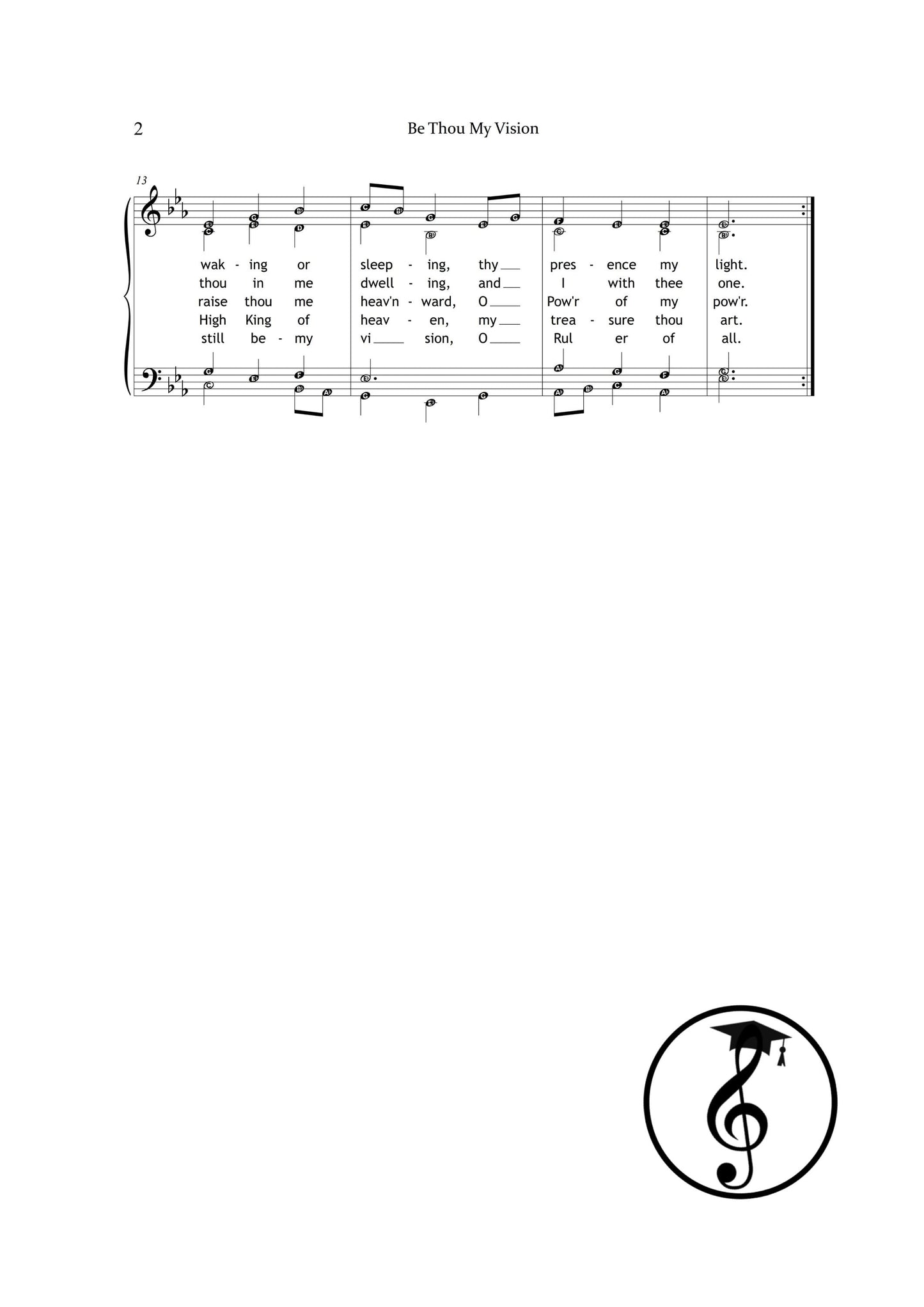 Be Thou My Vision traditional Irish hymn by Mary Byrne downloadable and simplified piano sheet music PDF shown as a pedagogical choir-and-piano edition including finger numbers, note names, and color-coded notes, prepared from manuscript sources for structured worship preparation.