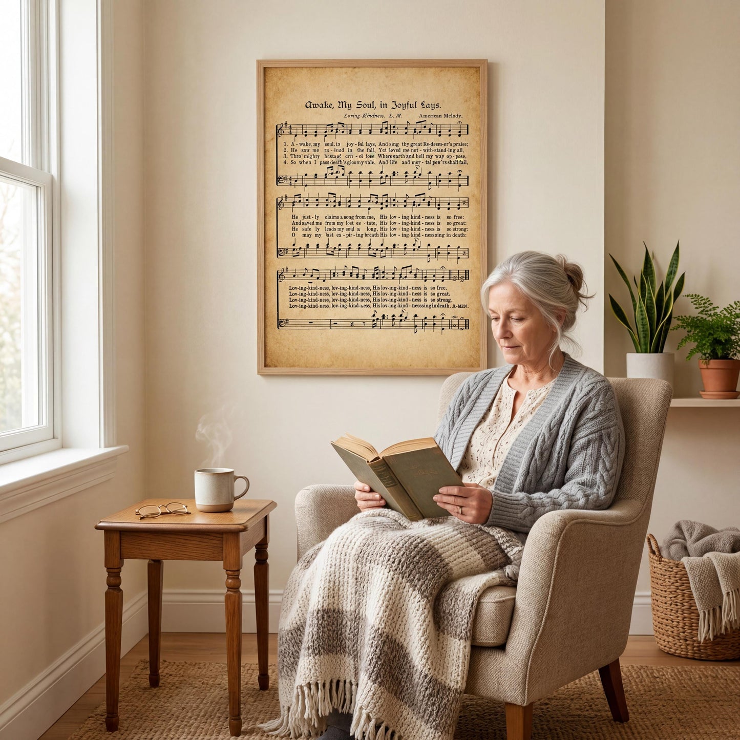 An older woman is sitting in a chair, reading a book in a cozy living room with a framed sheet music poster on the wall behind her.