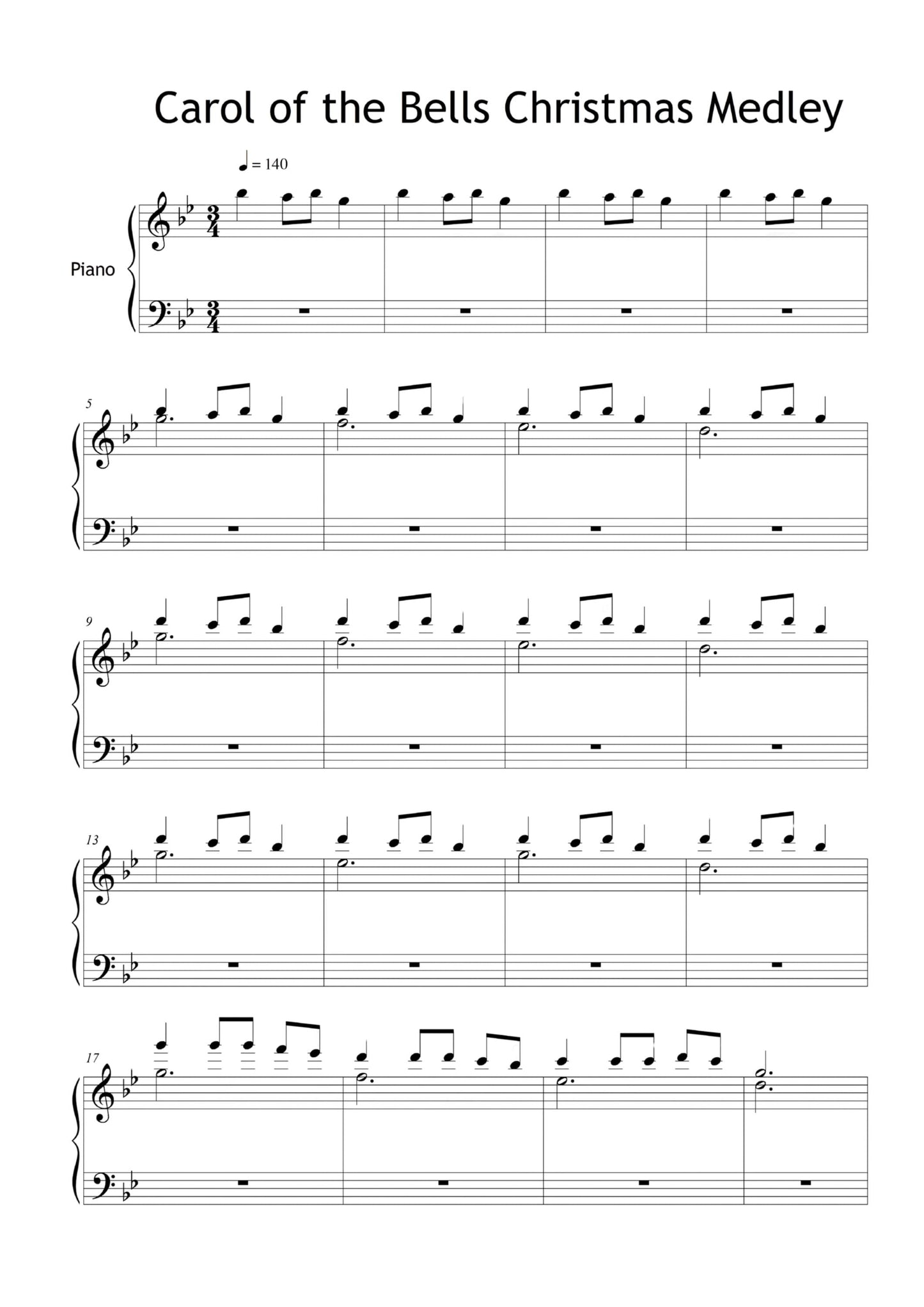 Carol of the Bells Christmas Medley – Grade 4 piano sheet music PDF, elegant solo piano arrangement of the traditional Ukrainian Bell Carol. Expressive and rhythmic Christmas piano piece for intermediate players. Professionally engraved, printable PDF for recitals, concerts, and festive home performances.