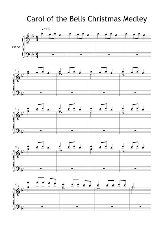 Carol of the Bells Christmas Medley – Grade 4 piano sheet music PDF, elegant solo piano arrangement of the traditional Ukrainian Bell Carol. Expressive and rhythmic Christmas piano piece for intermediate players. Professionally engraved, printable PDF for recitals, concerts, and festive home performances.