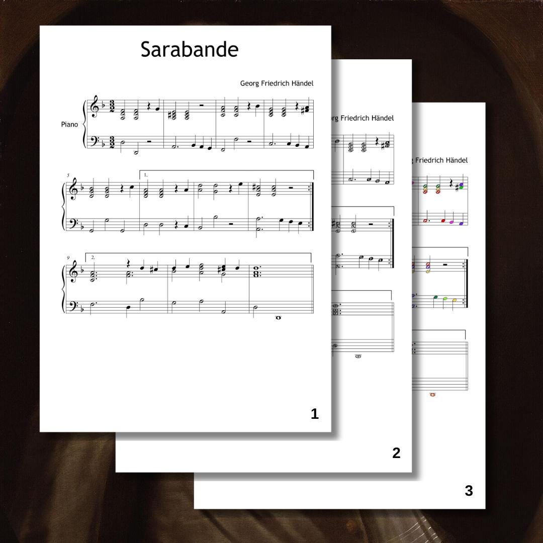 Sarabande by Handel - Simplified Piano Sheet with Colored Notes & Video Lesson