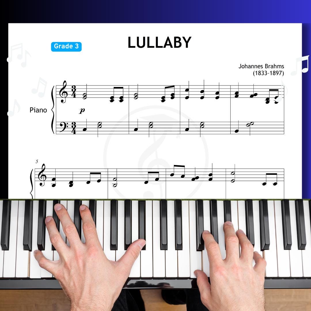 Brahms Lullaby Grade 3 Piano Sheet - Digital PDF with Finger Numbers, Note Names, MP3 & Color-Coded Learning Tools