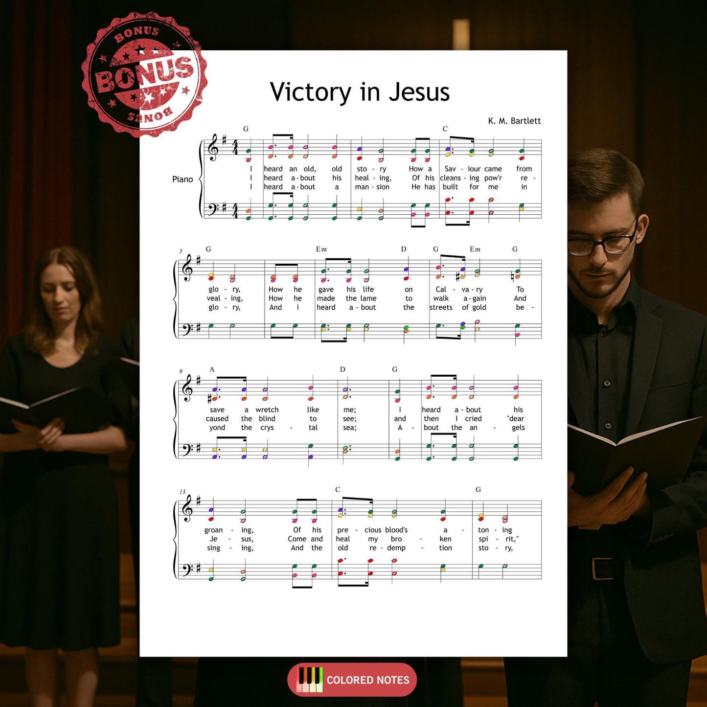 SATB choir and piano arrangement of Victory in Jesus. Gospel hymn in key of G, with clear vocal lines and full lyrics. Ready to print for choir rehearsals or live worship.