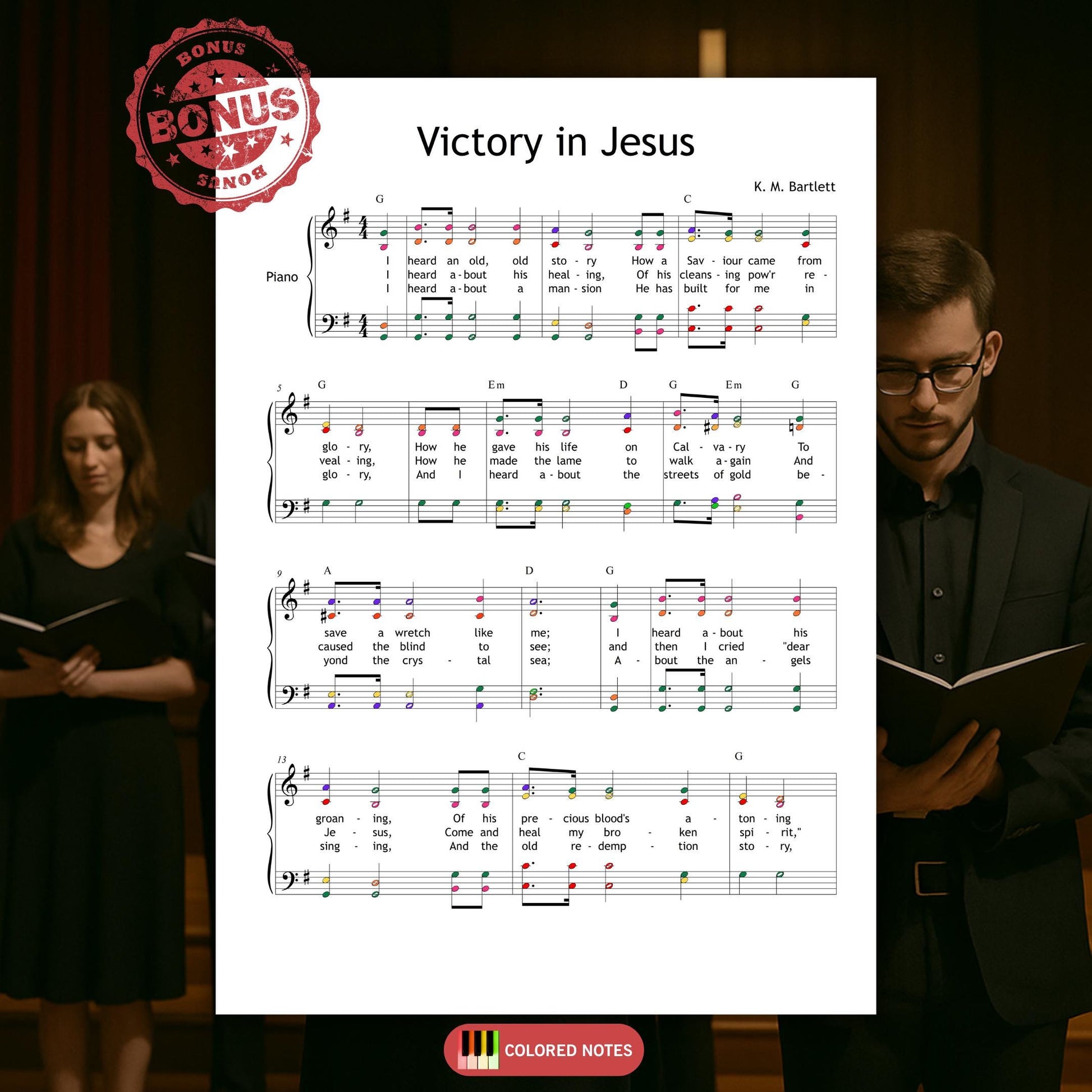 SATB choir and piano arrangement of Victory in Jesus. Gospel hymn in key of G, with clear vocal lines and full lyrics. Ready to print for choir rehearsals or live worship.