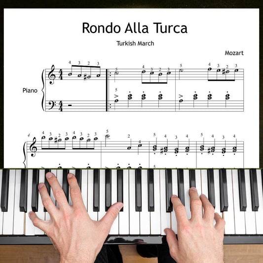Alla Turca by Mozart simplified piano sheet music PDF, Grade 3 Turkish March arrangement with letter notes and finger numbers, printable easy piano score for students.