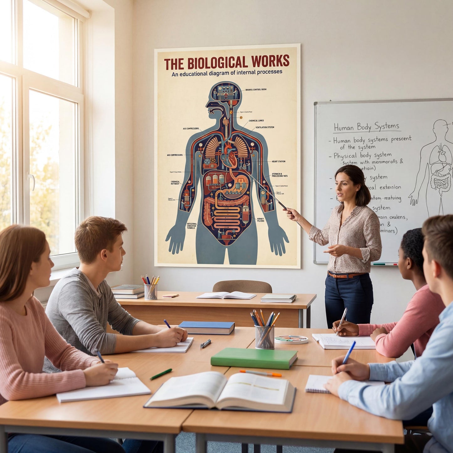Human anatomy machine diagram printable showing lungs, heart, brain, and digestive system as functional mechanical units, created as a high-resolution retro science poster for medical students and educators.
