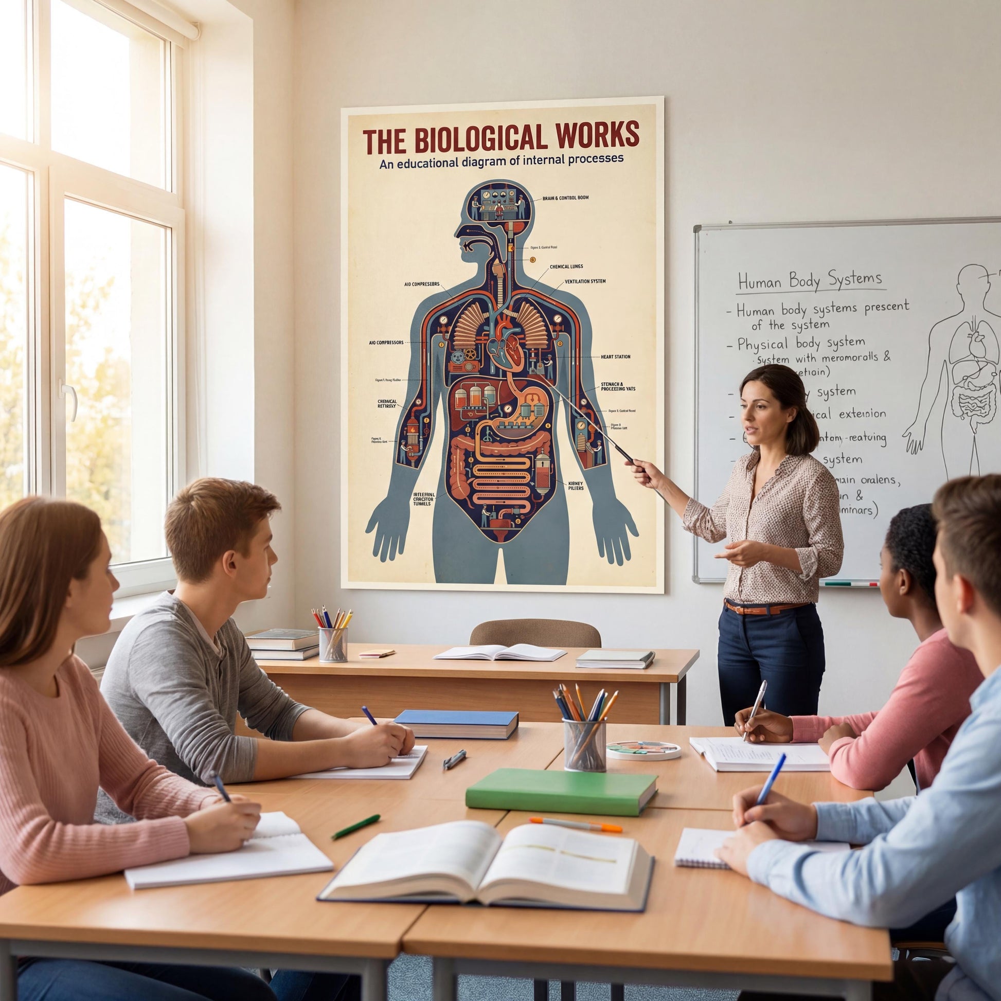 Human anatomy machine diagram printable showing lungs, heart, brain, and digestive system as functional mechanical units, created as a high-resolution retro science poster for medical students and educators.
