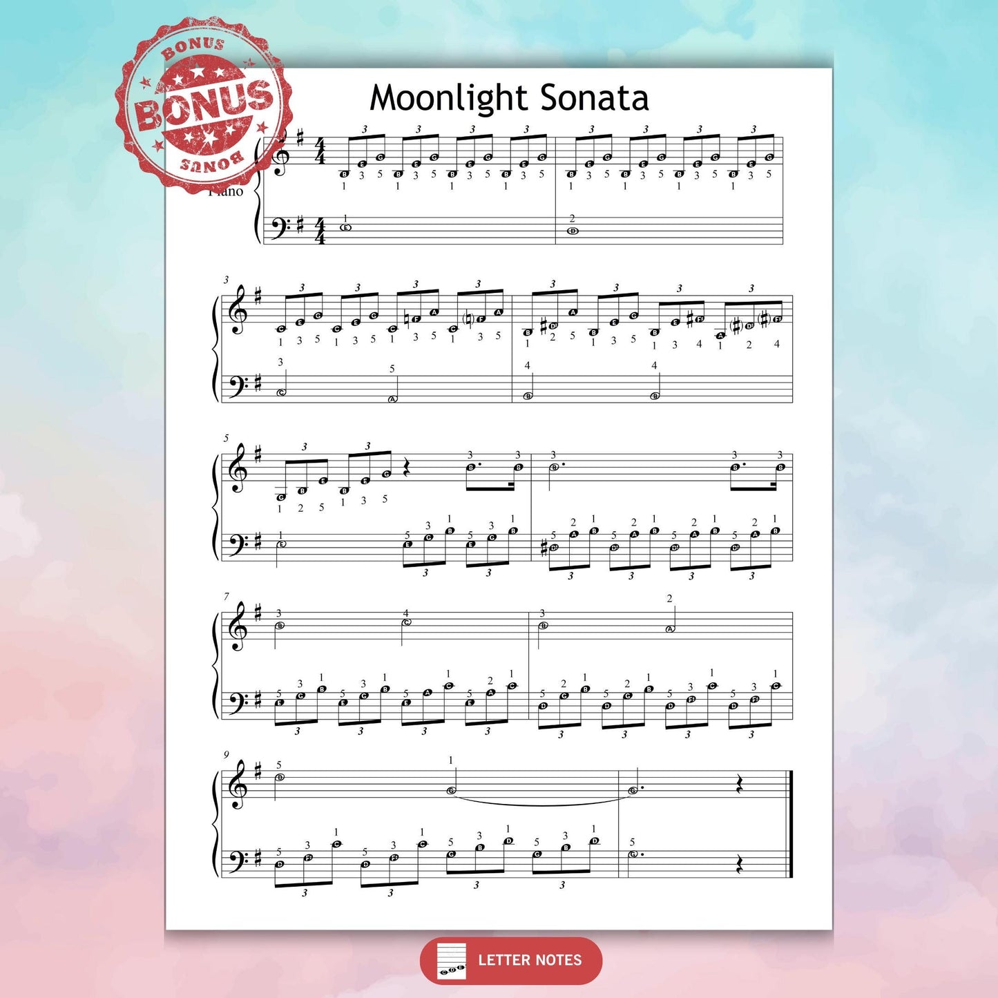 Moonlight Sonata by Beethoven beginner-friendly Grade 1 piano sheet, simplified short version with note names, finger numbers, and color-coded notes for visual learners, includes MP3 recording and tablet-optimized PDF and PNG versions.