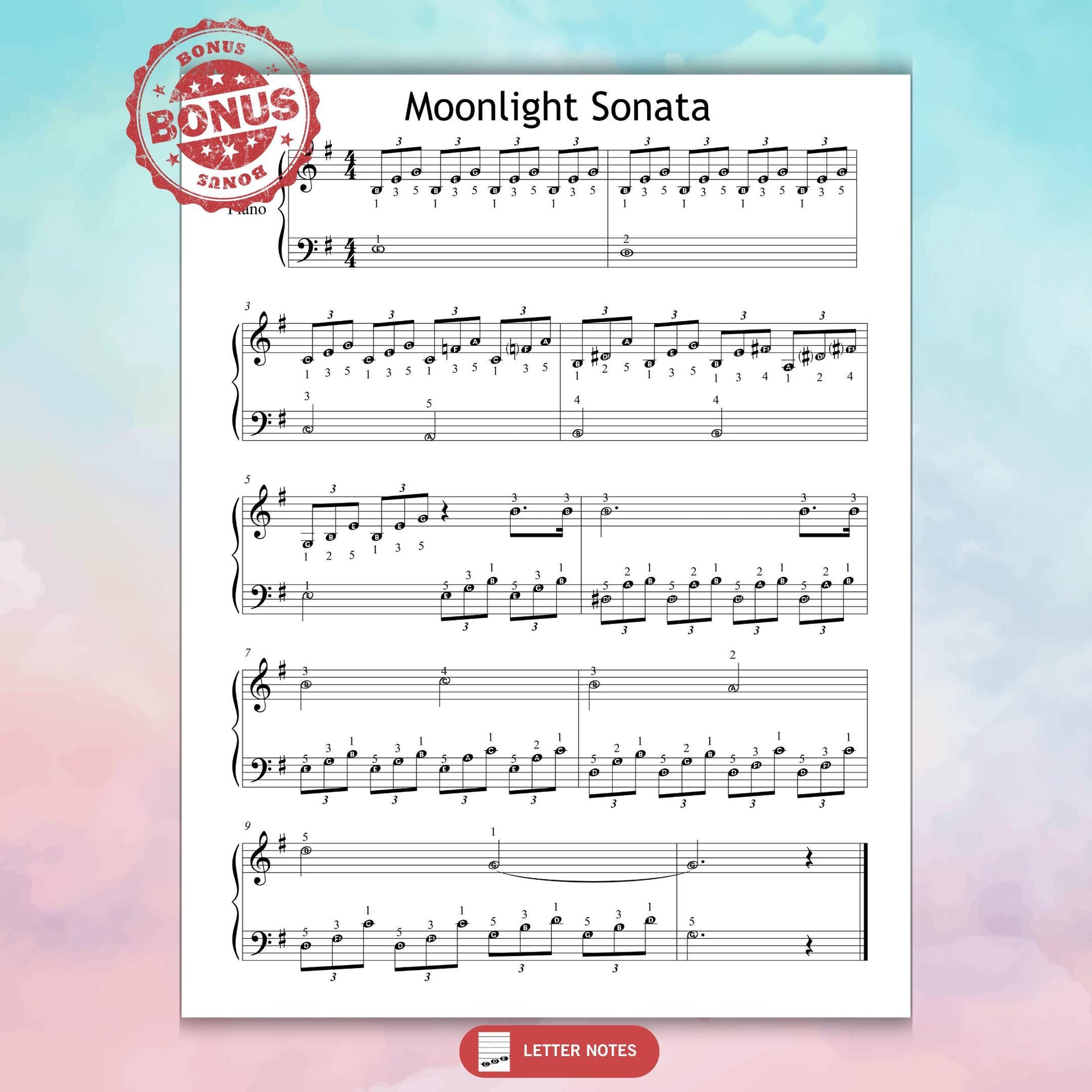 Moonlight Sonata by Beethoven beginner-friendly Grade 1 piano sheet, simplified short version with note names, finger numbers, and color-coded notes for visual learners, includes MP3 recording and tablet-optimized PDF and PNG versions.
