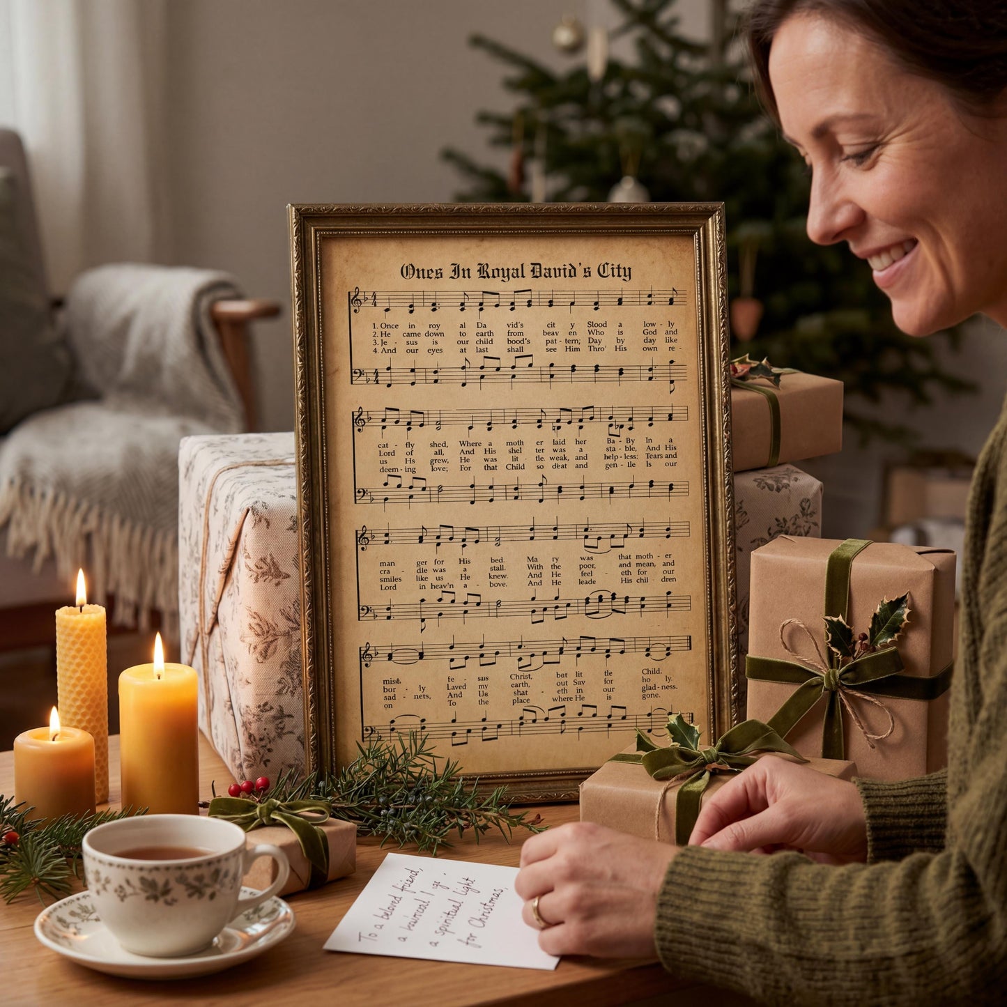 A woman is sitting at a table, writing a note on a piece of paper, with a framed sheet music display in front of her. The table also has a cup of tea, wrapped gifts, and a lit candle.