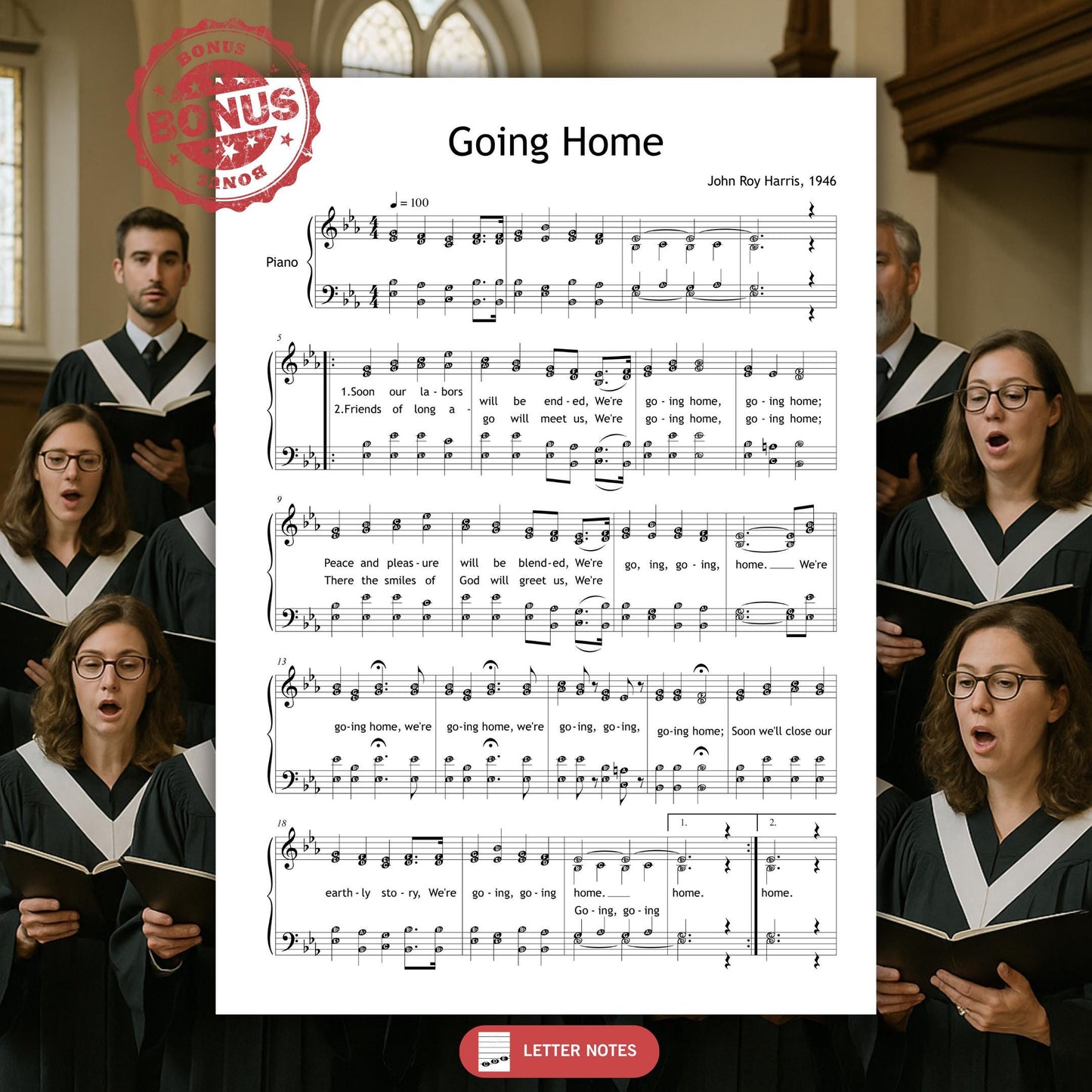 Going Home SATB choral score with lyrics and piano accompaniment, digital PDF download.
Great for remembrance services, spiritual music programs, and gospel heritage events.
