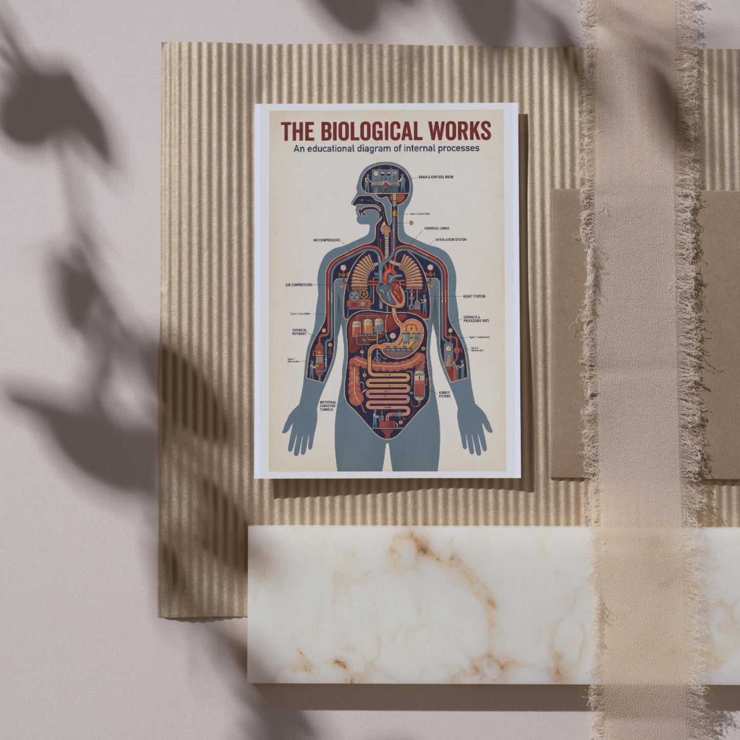 Anatomy as machine poster digital download illustrating internal human systems as coordinated mechanical processes, created to make complex biology concepts more accessible and engaging.