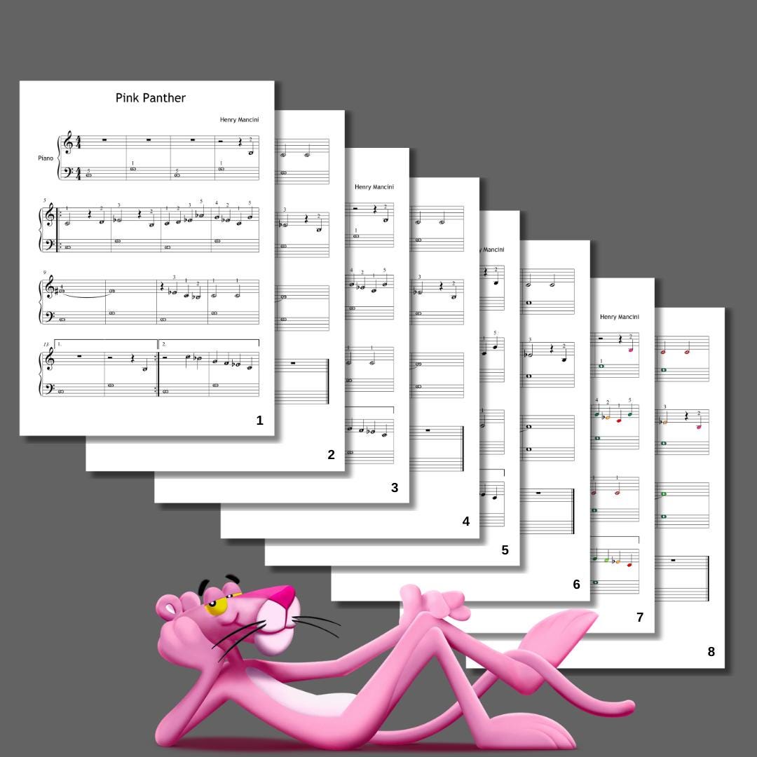 Pink Panther Theme - Grade 1 Download Piano Sheet PDF with Finger Numbers, Note Names, MP3 & Video | Educational Edition
Pink Panther Theme by Henry Mancini downloadable and simplified piano sheet music PDF presented as a printable high-resolution Grade 1 score offering finger numbers, color-coded notes, and note-name versions, engraved from manuscript references for tablet or print use.