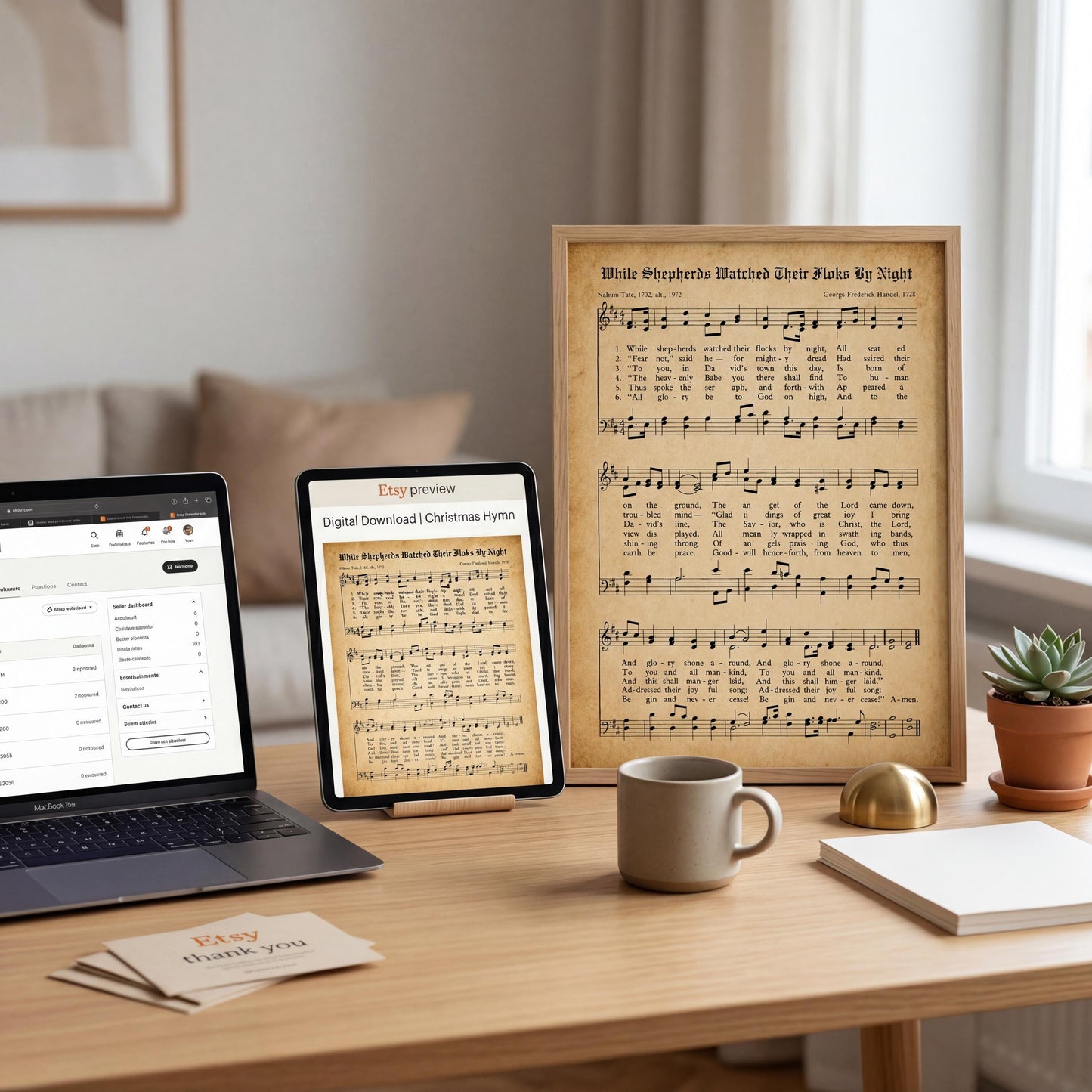 a wooden desk with various items on it, including a laptop, a framed sheet of music, a coffee cup, and some books.