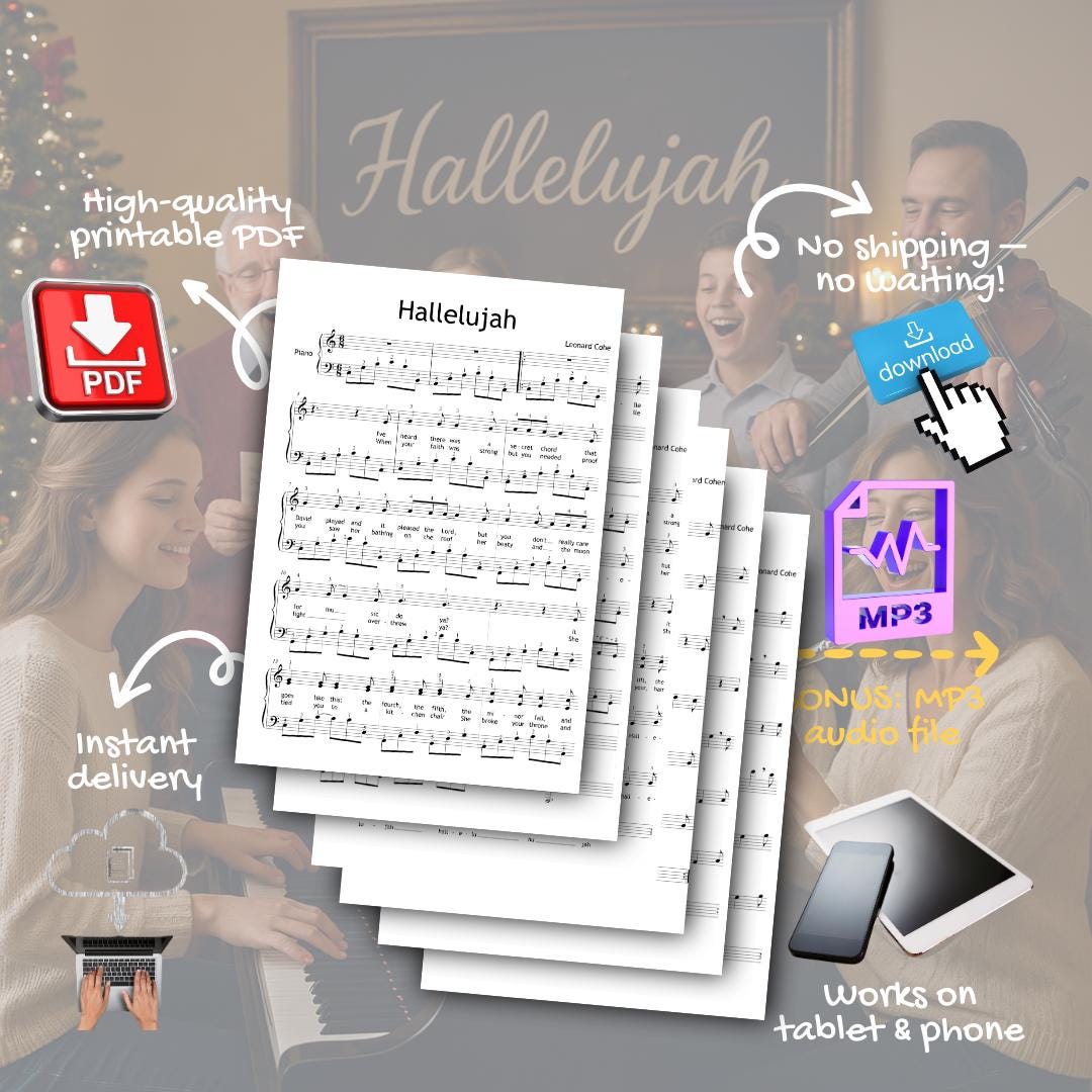Hallelujah by L. Cohen - Grade 5 Intermediate Piano Sheet Music PDF with Fingerings | Christmas + Bonus Flute, Violin, Clarinet, Choir