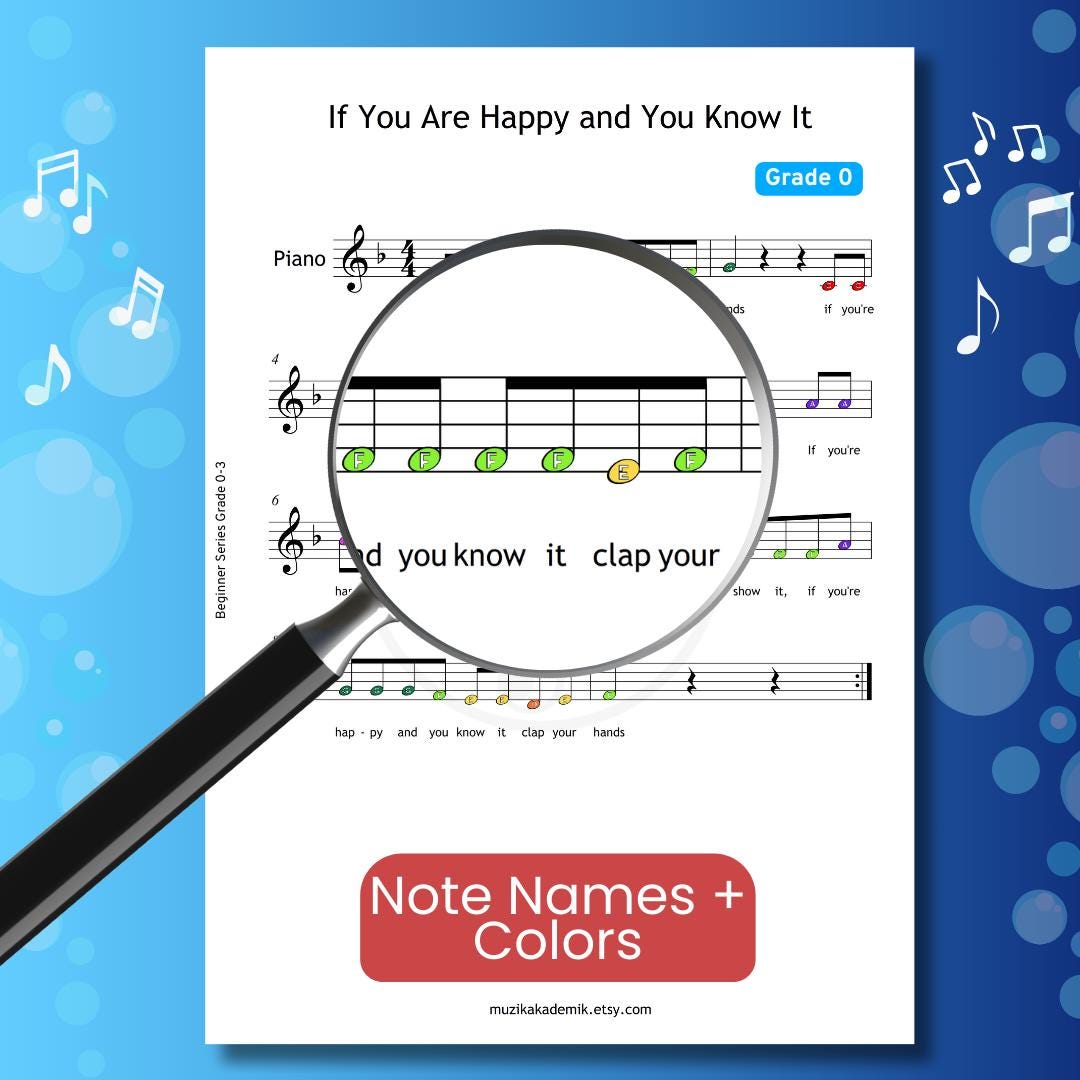 If You Are Happy and You Know It - Easy Piano Sheet Music | Grade 0 | Kids Song PDF MP3 Video
If You Are Happy and You Know It traditional downloadable and simplified piano sheet music PDF shown as a pedagogical Grade 0 version including finger numbers, note names, and color-coded notes, all prepared from handwritten manuscript sources for structured early-childhood music lessons.