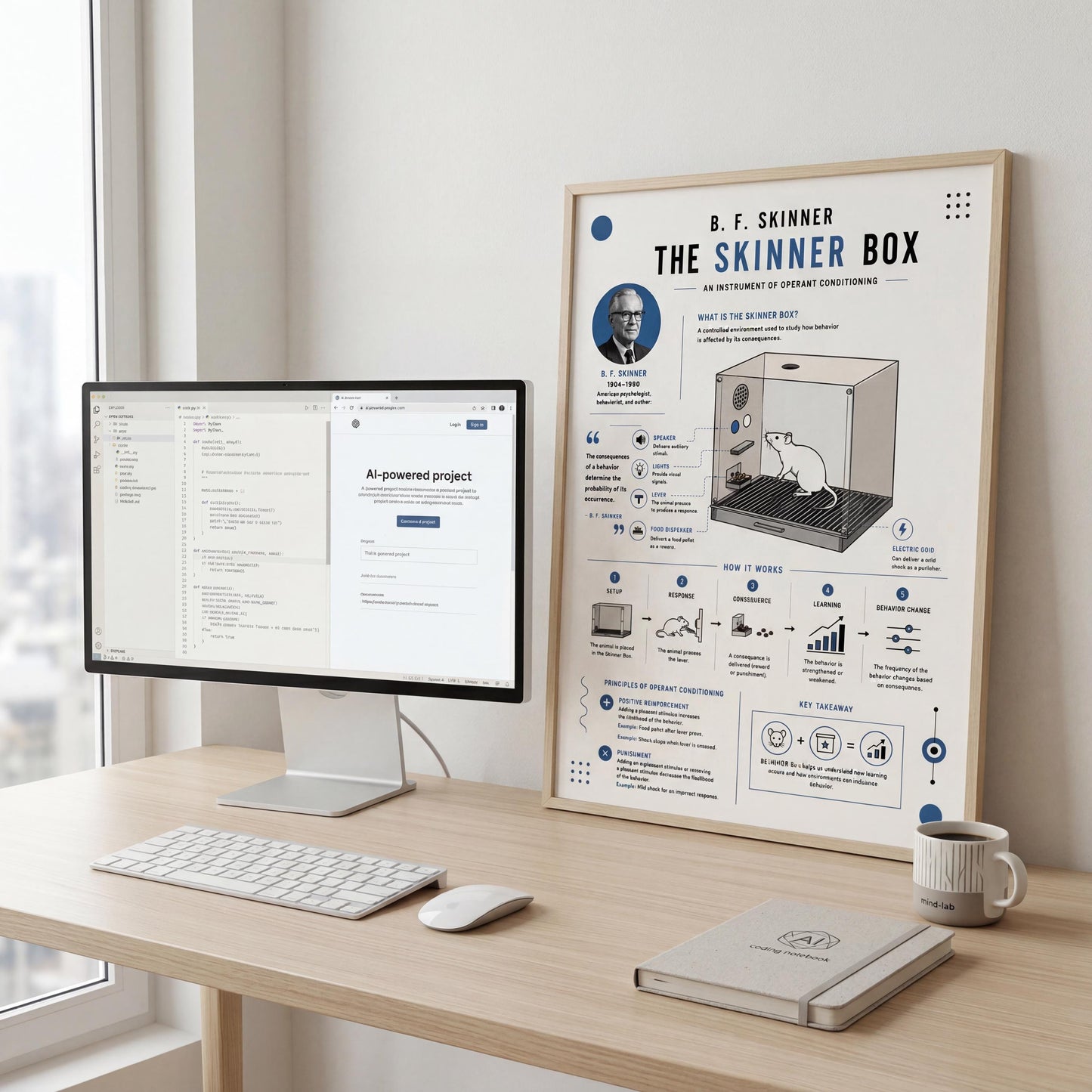 a desk with a computer monitor, keyboard, mouse, and a framed poster or infographic about the B.F. Skinner Box.