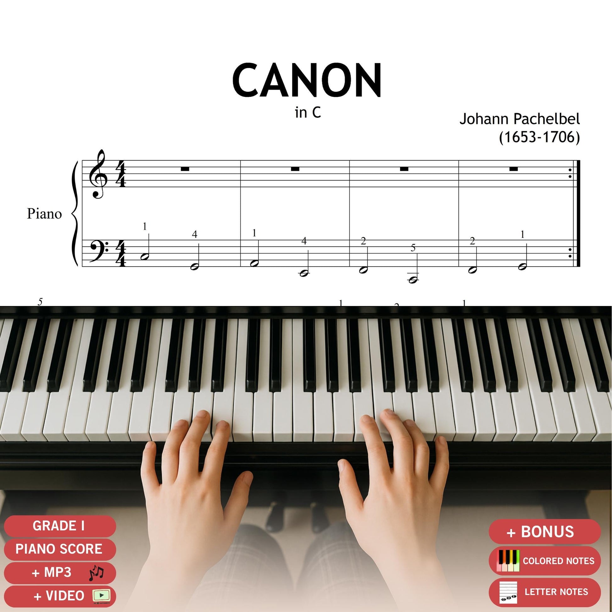 Canon in D simplified piano sheet by Johann Pachelbel in Grade 1 version, close-up showing clear dynamic markings and phrasing lines for expressive student performance.