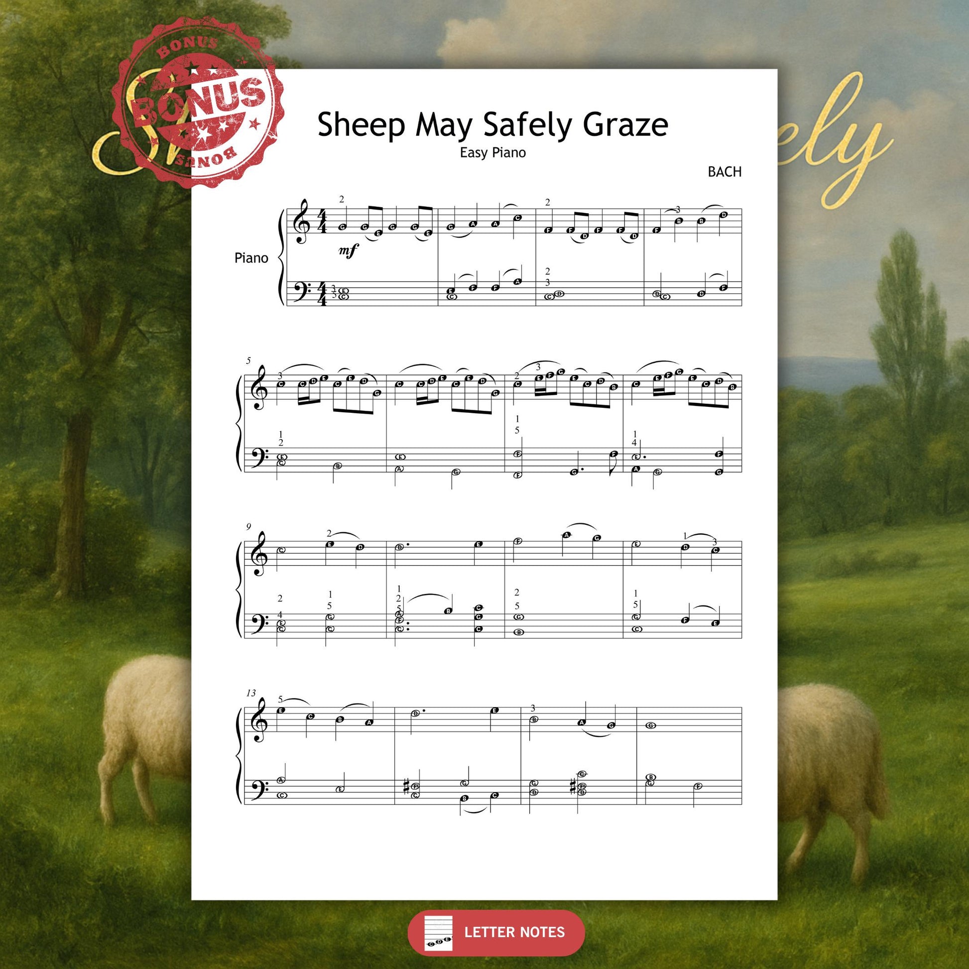 Downloadable sheet music PDF for Sheep May Safely Graze by J.S. Bach, arranged at Grade 2–3 level.
Great for music teachers, early-level pianists, and students learning Baroque repertoire.
