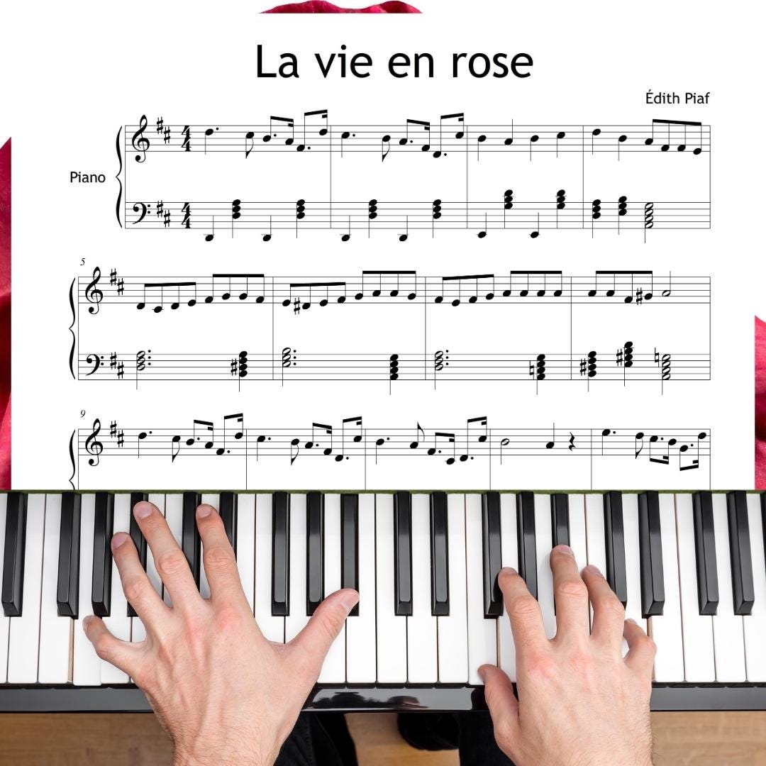 La Vie en rose by Édith Piaf downloadable and simplified piano sheet music PDF, Grade 4–5 arrangement with note names and finger numbers, printable high-resolution score plus tablet-friendly file, includes MP3 reference recording and a video tutorial, perfect for romantic recital repertoire and expressive study.