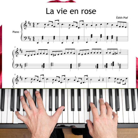 La Vie en rose by Édith Piaf downloadable and simplified piano sheet music PDF, Grade 4–5 arrangement with note names and finger numbers, printable high-resolution score plus tablet-friendly file, includes MP3 reference recording and a video tutorial, perfect for romantic recital repertoire and expressive study.