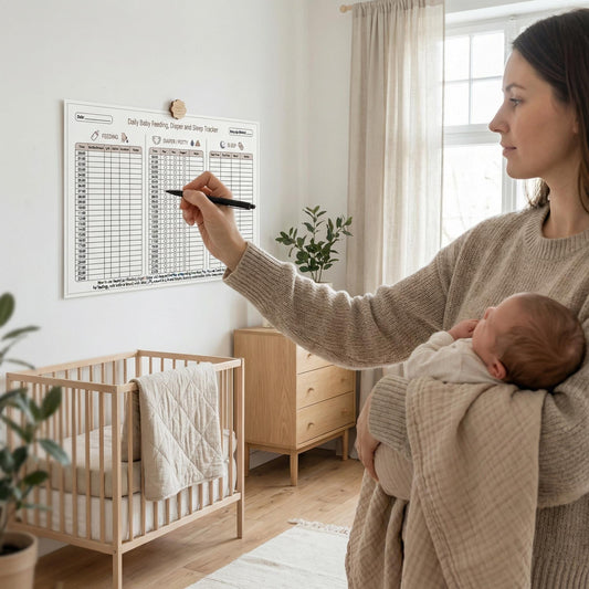 Baby Daily Tracker digital download featuring four printable pages for feeding times, diaper changes, and sleep patterns, presented in a minimal baby care planner format suitable for both home printing and tablet use.