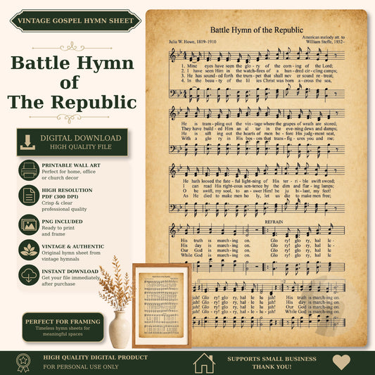 The image is a vintage sheet music for a hymn titled "Battle Hymn of the Republic" by Julia W. Hesse, featuring sheet music and lyrics.
