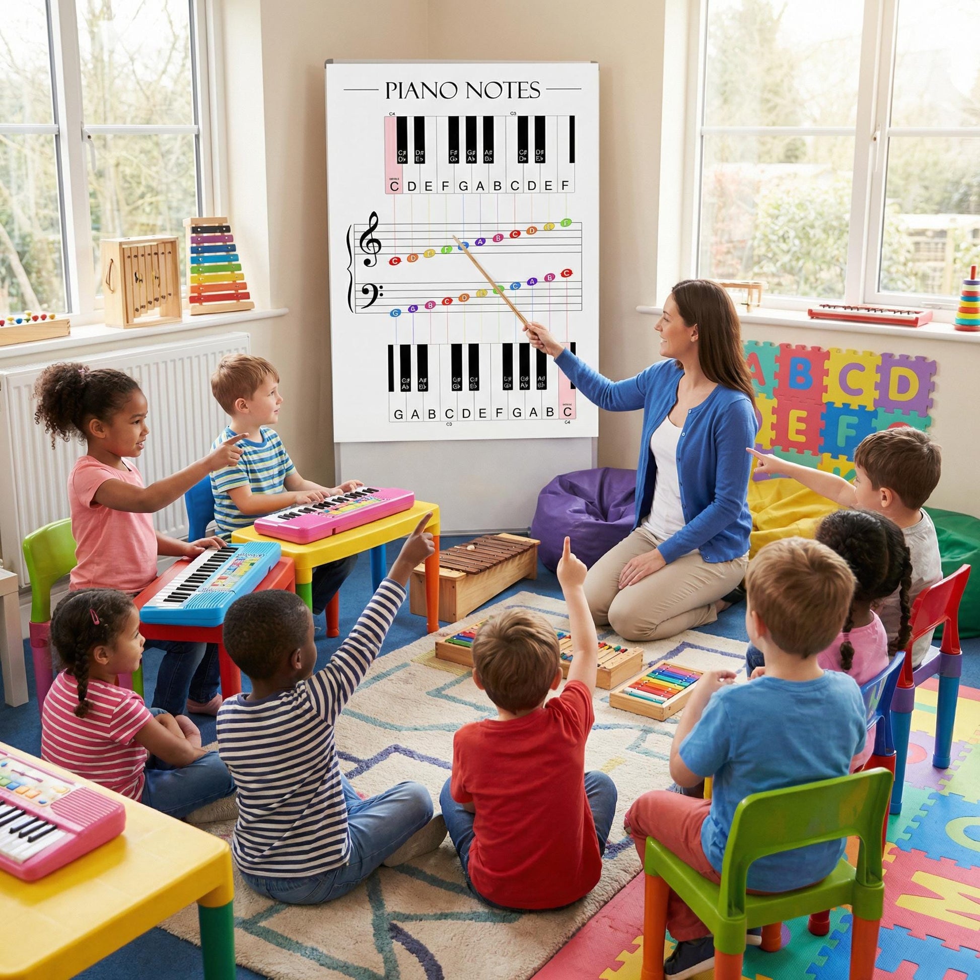 Printable music theory piano poster featuring clean diagrams of notes and clefs, ideal for reinforcing fundamentals in early piano education.