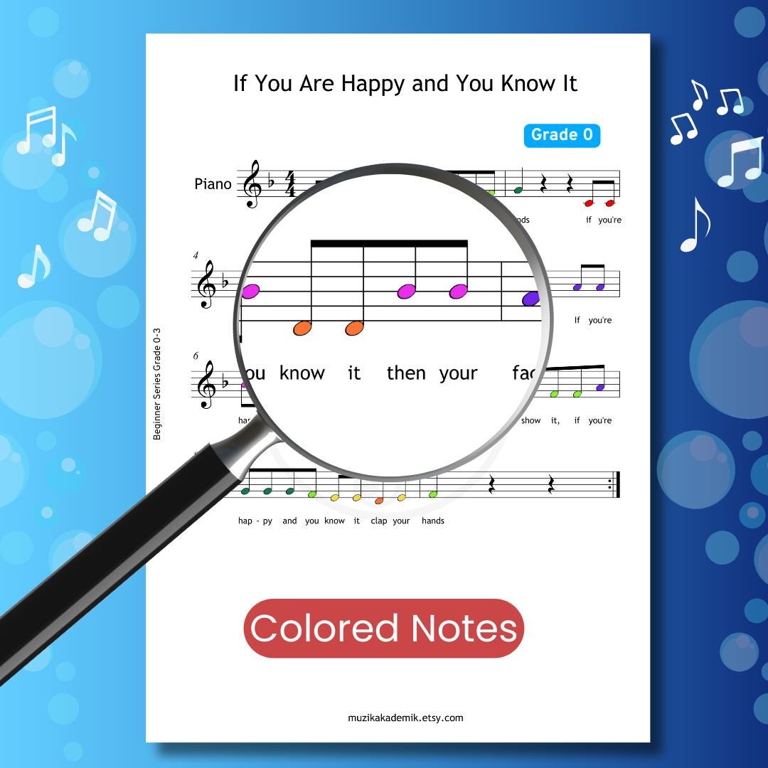 If You Are Happy and You Know It - Easy Piano Sheet Music | Grade 0 | Kids Song PDF MP3 Video
If You Are Happy and You Know It traditional downloadable and simplified piano sheet music PDF displayed with note names, finger numbers, and color-coded notes in a clean Grade 0 engraving derived from manuscript references, ideal for preschool and kindergarten piano students.
