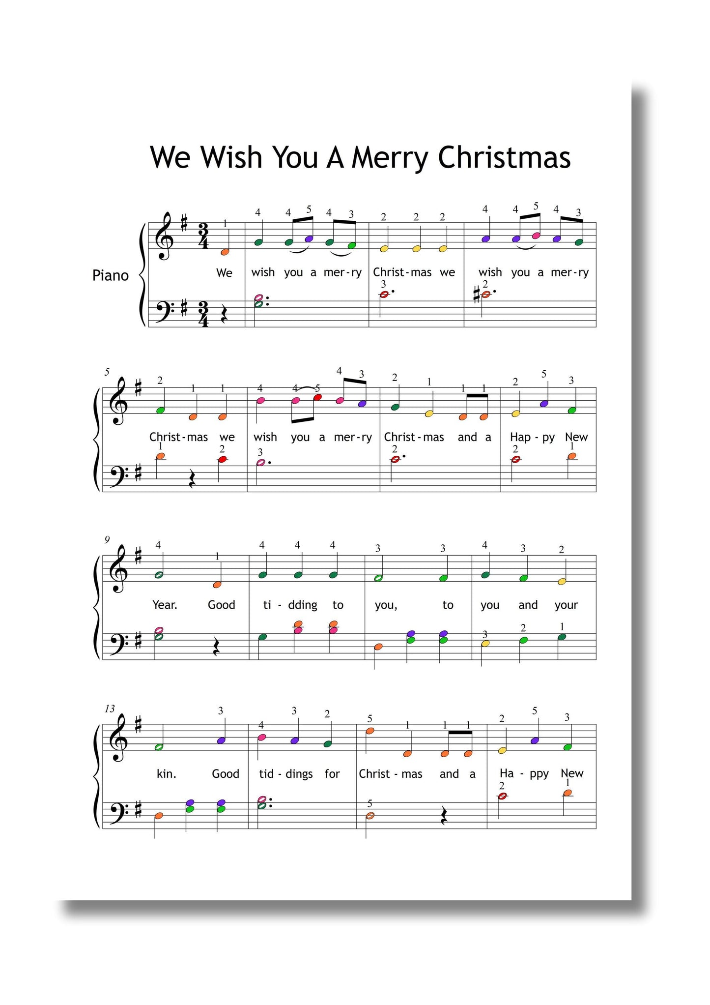 Flat lay of We Wish You a Merry Christmas easy piano PDF surrounded by red ornaments and holly, color-note version for joyful Christmas practice.