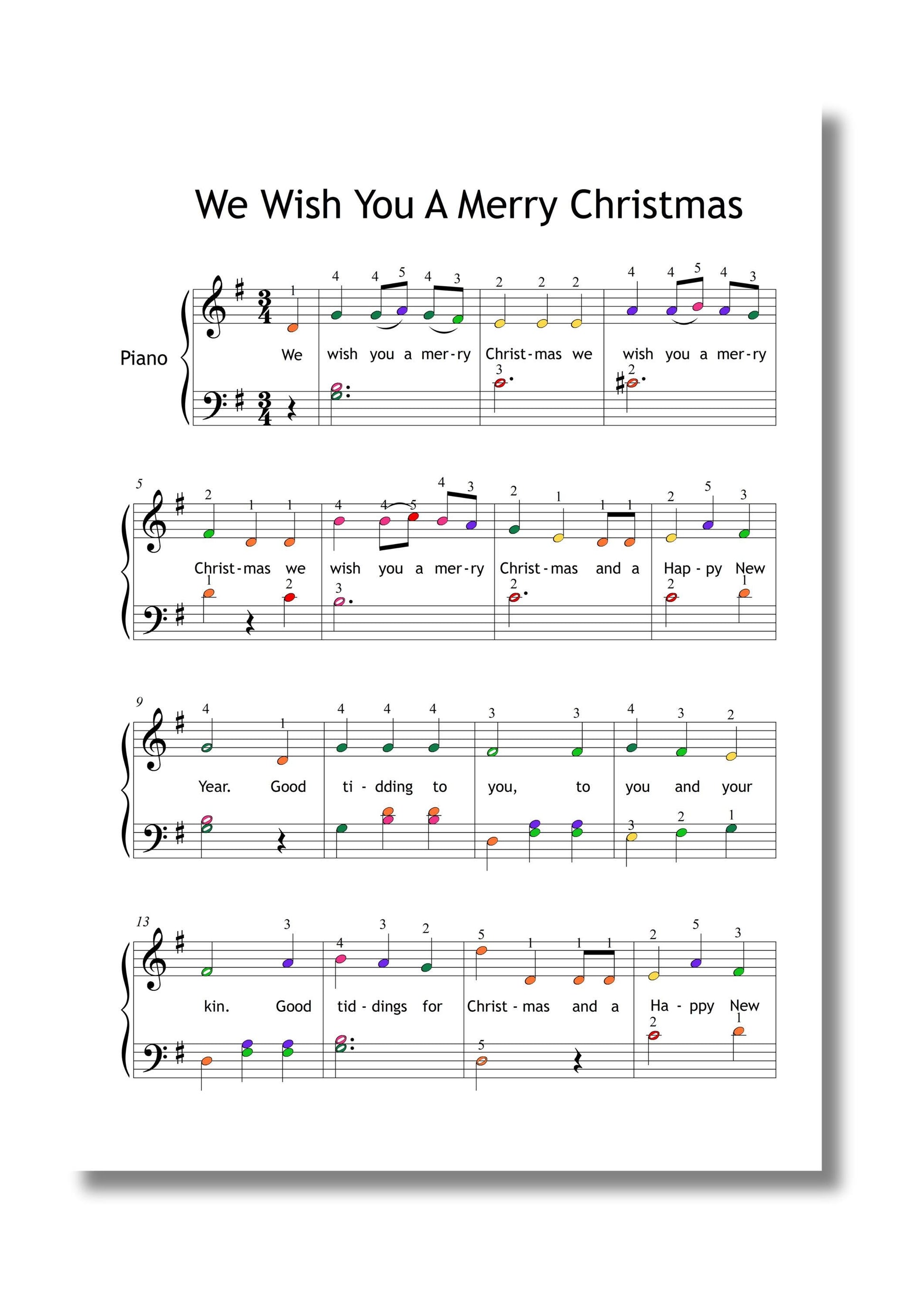 Flat lay of We Wish You a Merry Christmas easy piano PDF surrounded by red ornaments and holly, color-note version for joyful Christmas practice.