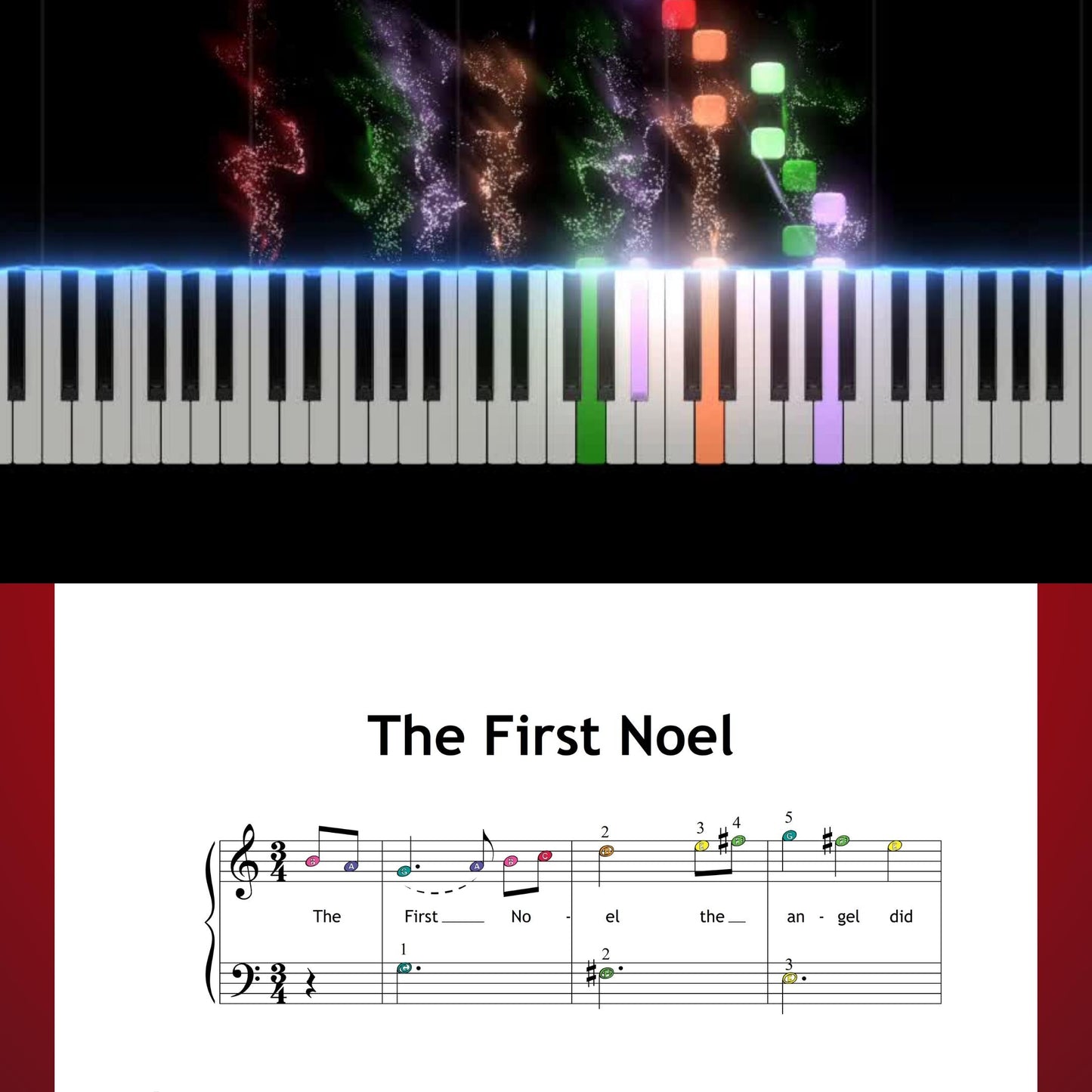 The First Noel (Traditional) downloadable and simplified Christmas beginner piano sheet music PDF created for Grade 1 players with color-coded notation, note-name reinforcement, steady rhythms, and lyric cues suited for winter lessons.
