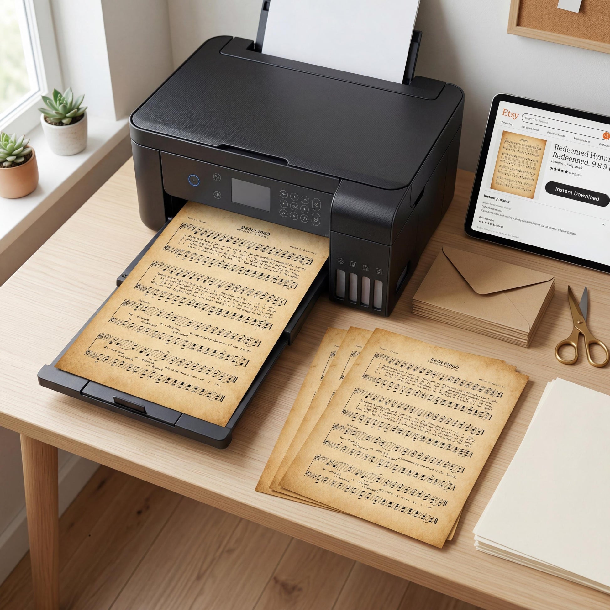A black printer is sitting on a wooden desk, with several sheets of music printed on paper and a laptop displaying a website.