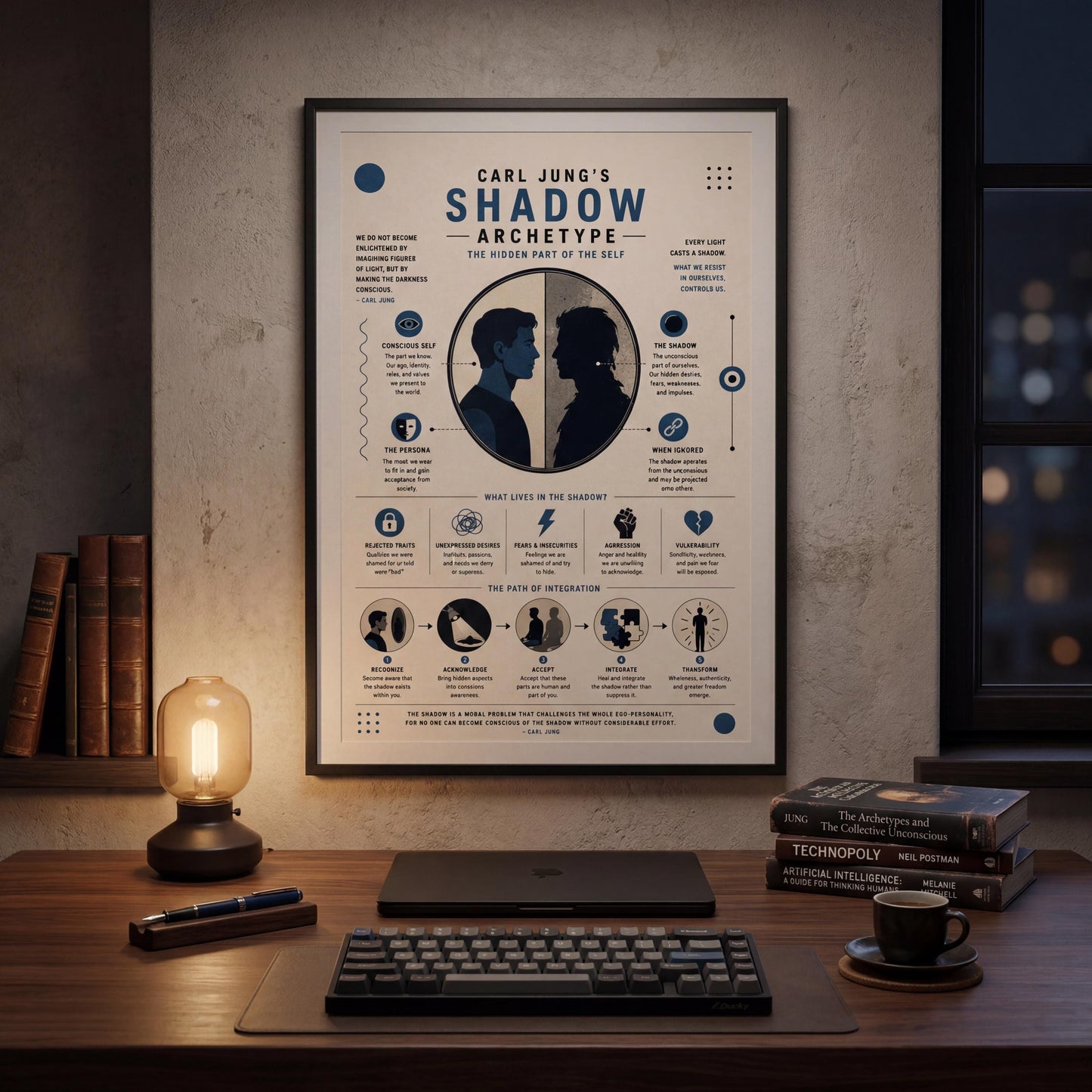 a poster of Carl Jung's "Shadow ArcType" displayed on a wall above a wooden desk with a keyboard, lamp, and books.