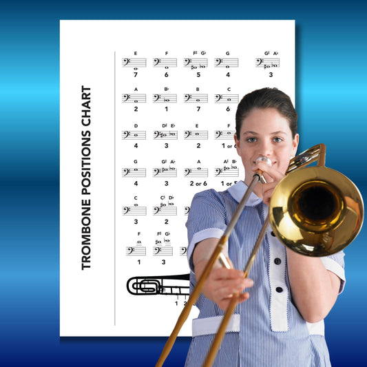 Trombone Slide Positions Chart printable PDF and PNG digital download, beginner-friendly brass classroom poster showing all slide positions with clear visuals, perfect for music students, teachers, and band practice, available as a high-resolution file for home printing or digital display.
