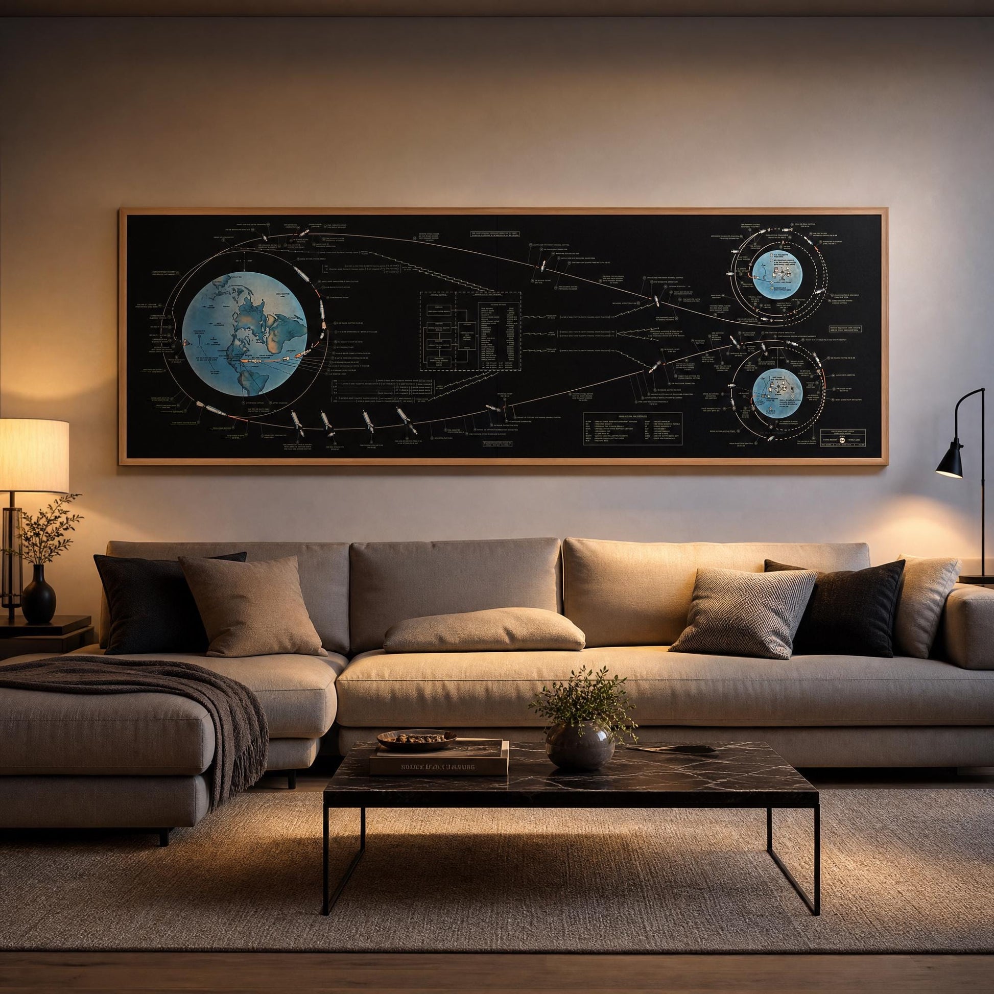 NASA Apollo 11 mission chart printable wall art with detailed lunar landing sequence, orbital maneuvers, and communication systems, panoramic vintage space exploration poster