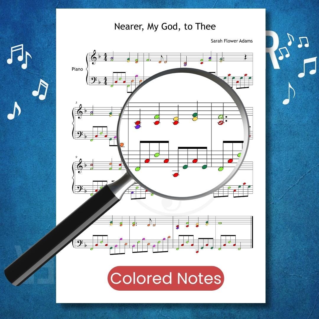 Nearer, My God, to Thee by Lowell Mason downloadable and simplified piano sheet music PDF in a color-coded Grade 3–4 edition highlighting visual note cues, finger-number placement, and optional note names, engraved from the manuscript to enhance confident hymn performance.