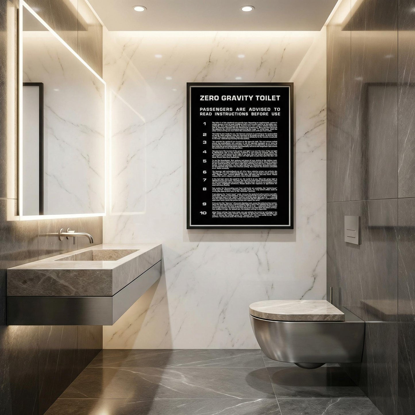 Zero Gravity Toilet instruction sign replica digital download recreating the iconic 2001 film prop with black background, extended numerals, and precise typographic proportions for modern home cinema decor.