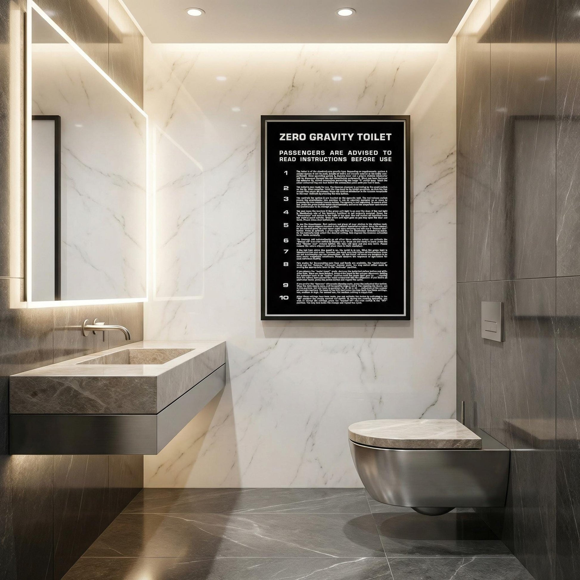 Zero Gravity Toilet instruction sign replica digital download recreating the iconic 2001 film prop with black background, extended numerals, and precise typographic proportions for modern home cinema decor.