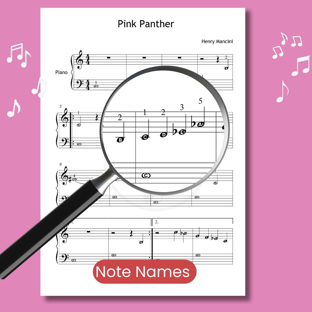 Pink Panther Theme - Grade 1 Download Piano Sheet PDF with Finger Numbers, Note Names, MP3 & Video | Educational Edition 
Pink Panther Theme by Henry Mancini downloadable and simplified piano sheet music PDF presented as a Grade 1 score featuring finger-number guidance, color-coded notation, note-name support, and manuscript-aligned editing for early learners discovering this playful jazz classic.