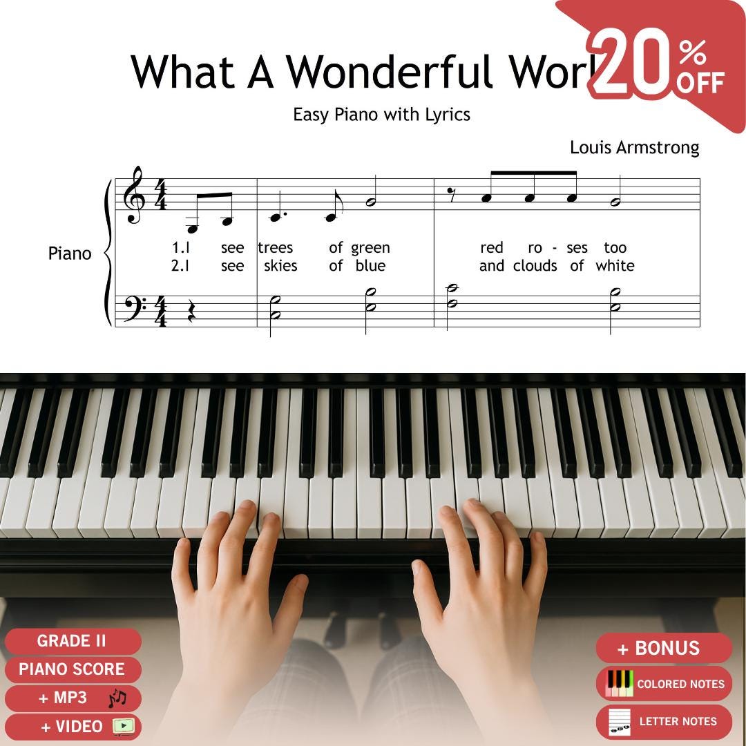 What a Wonderful World by Louis Armstrong downloadable and simplified piano sheet music PDF, Grade 2 easy arrangement with clean score, letter-note version, and color-coded edition, includes printable PDF and JPEG, MP3 reference audio, and tutorial video, perfect for beginner lessons, family music, and solo practice.